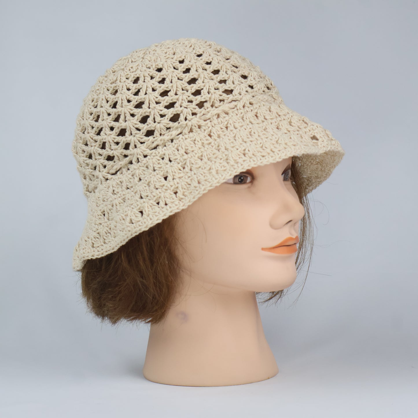 Hand-Woven Style Crochet Bucket Hat - Ecru/Beige (One Size)