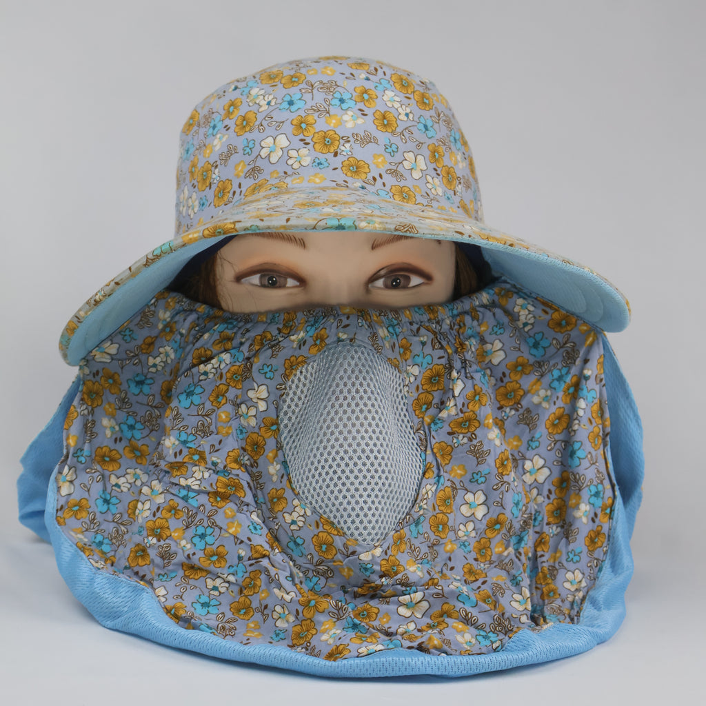 Blue Floral Wide-Brim Hat with Detachable Face & Neck Cove