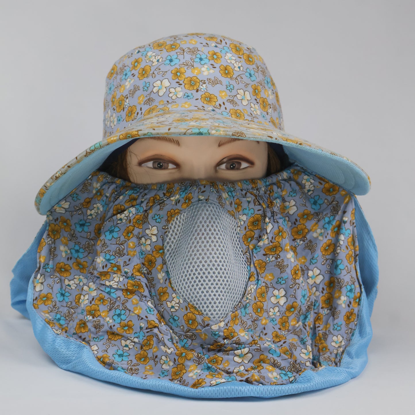 Blue Floral Wide-Brim Hat with Detachable Face & Neck Cove