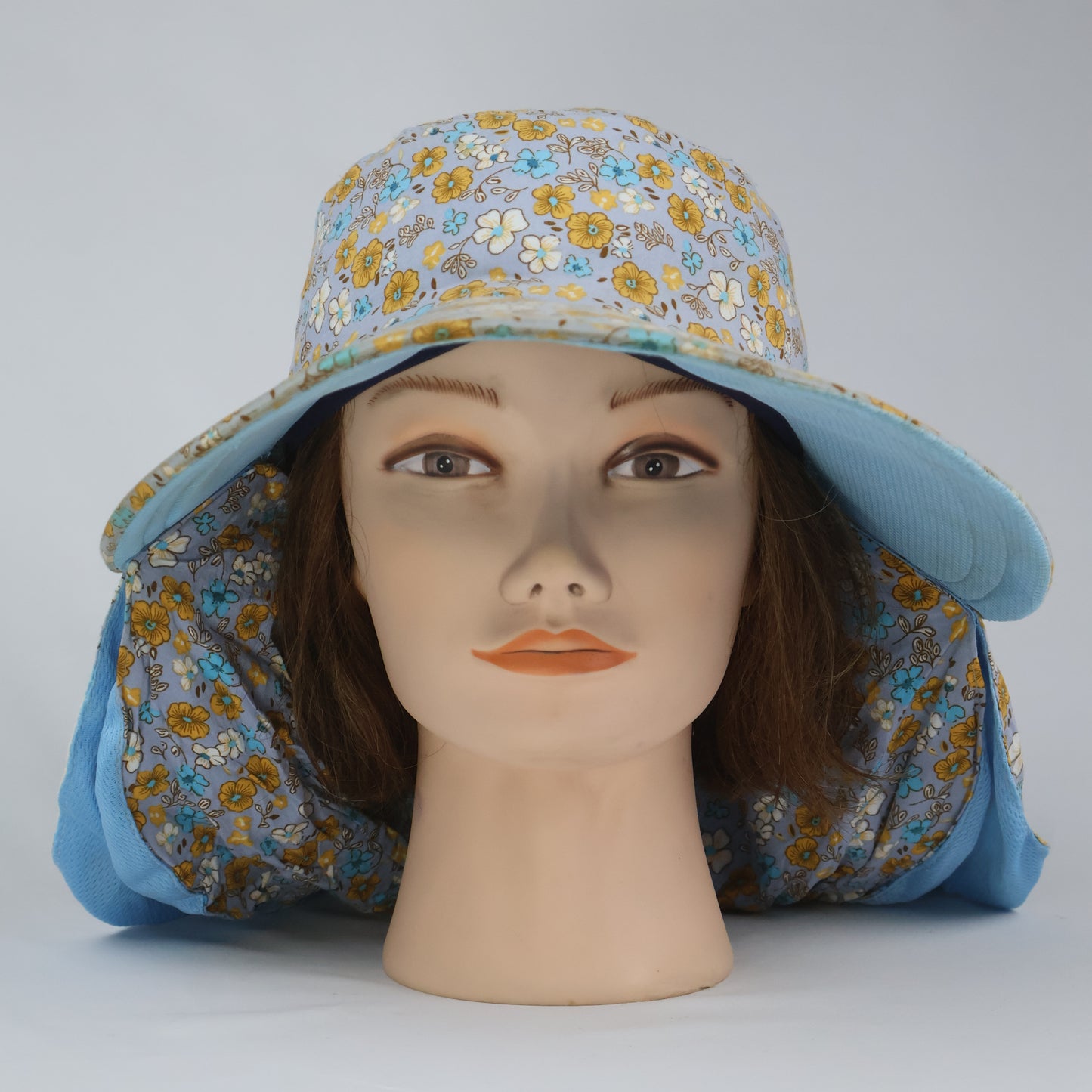 Blue Floral Wide-Brim Hat with Detachable Face & Neck Cove