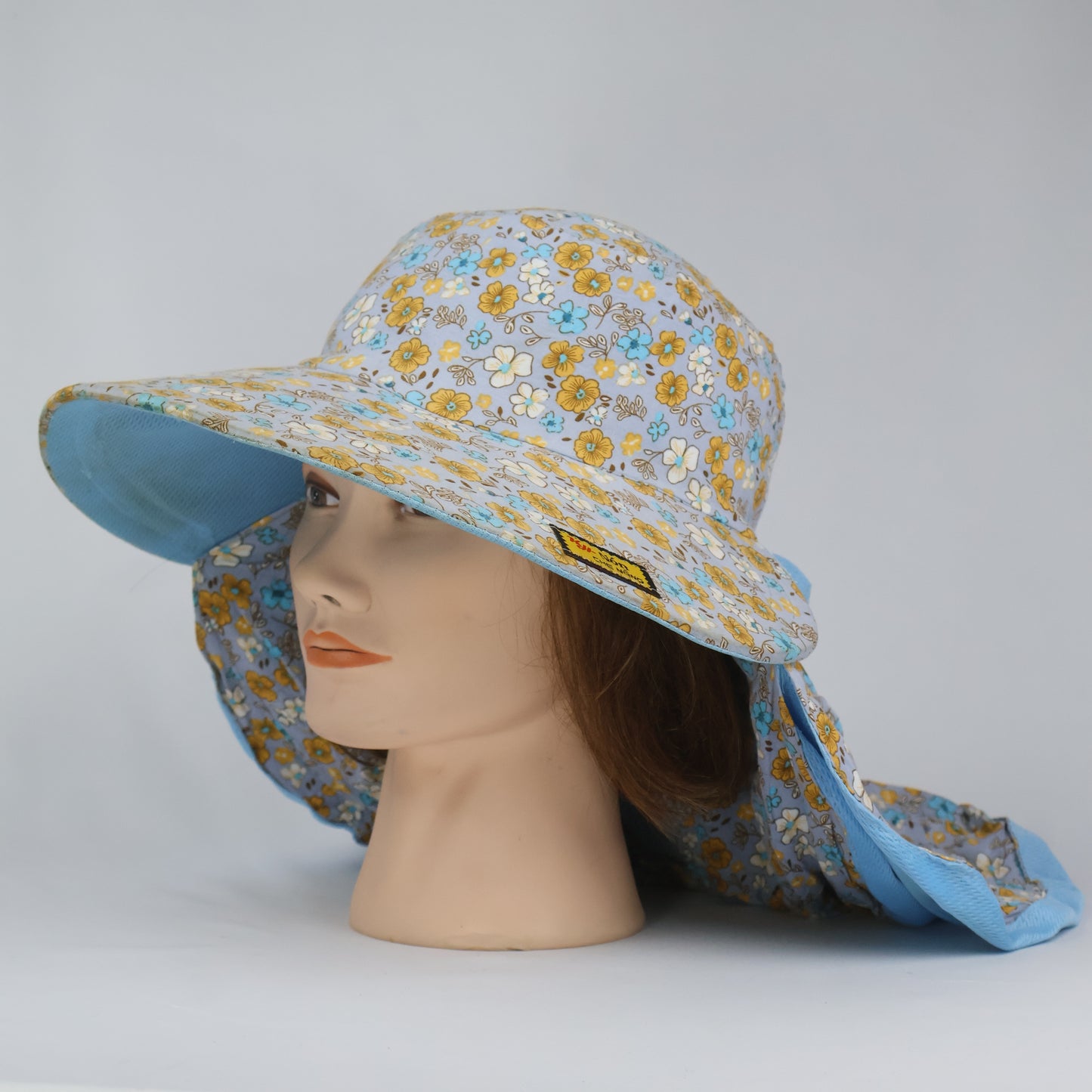 Blue Floral Wide-Brim Hat with Detachable Face & Neck Cove