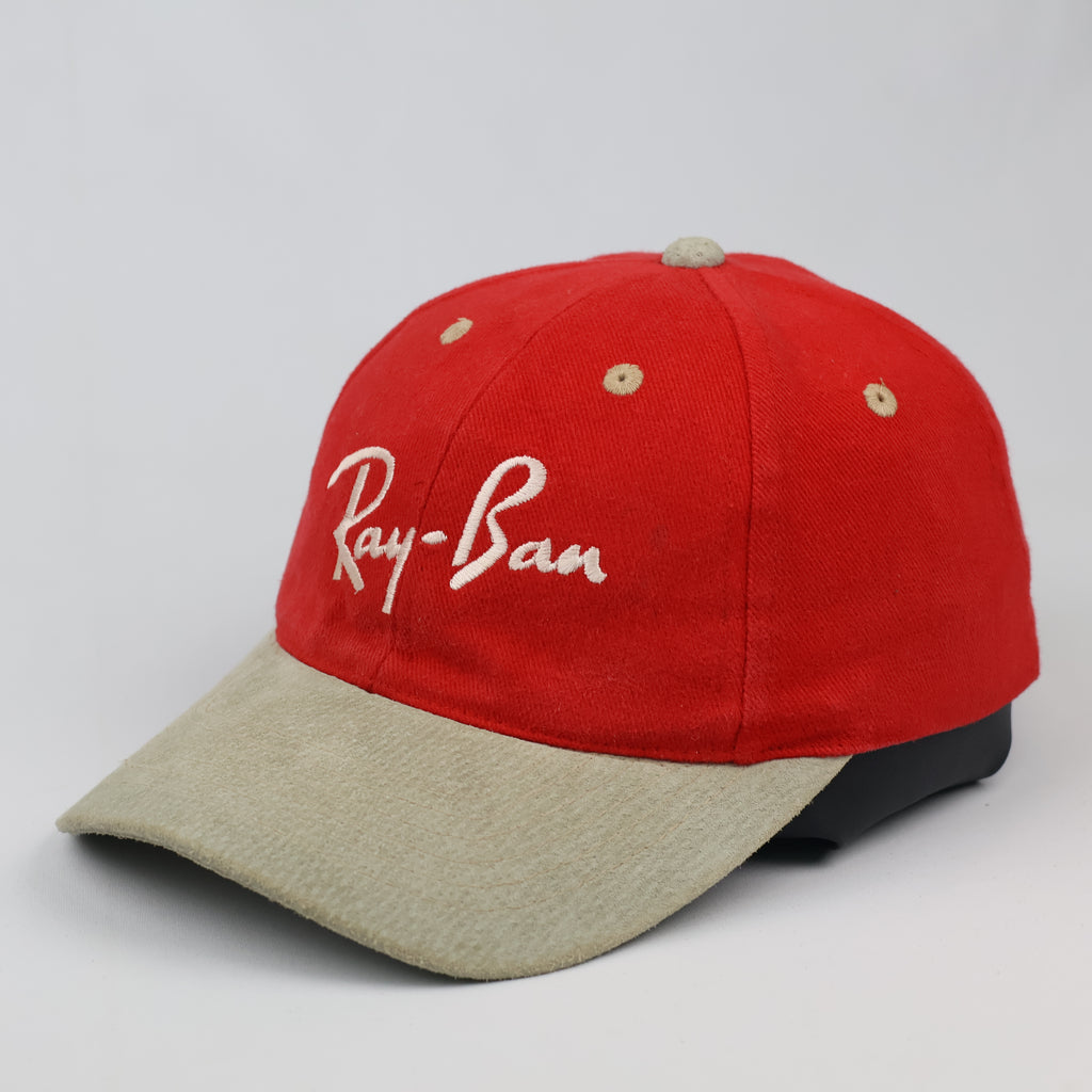 Thrifted Ray-Ban Spellout Logo Red Dad Hat with Suede Brim