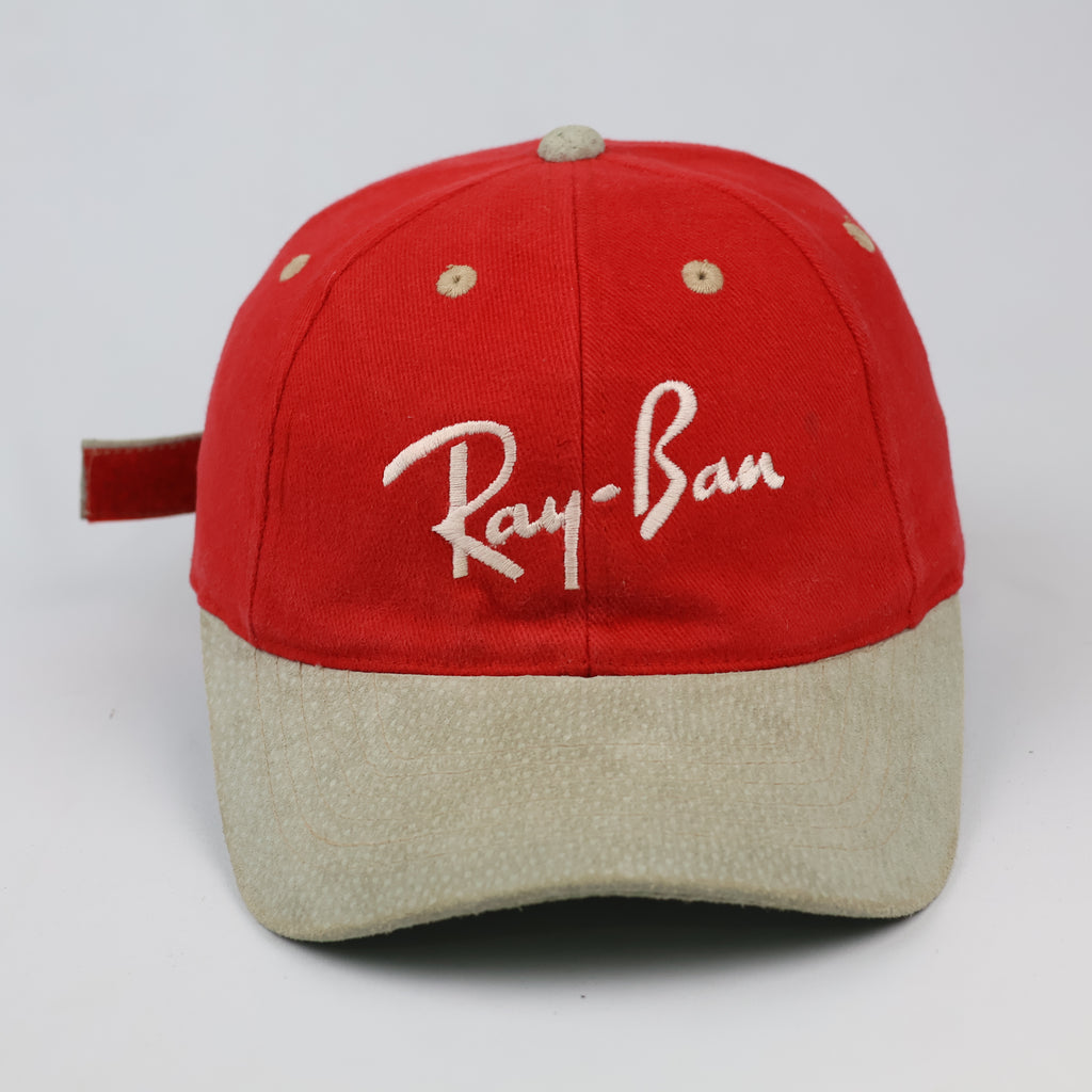Thrifted Ray-Ban Spellout Logo Red Dad Hat with Suede Brim