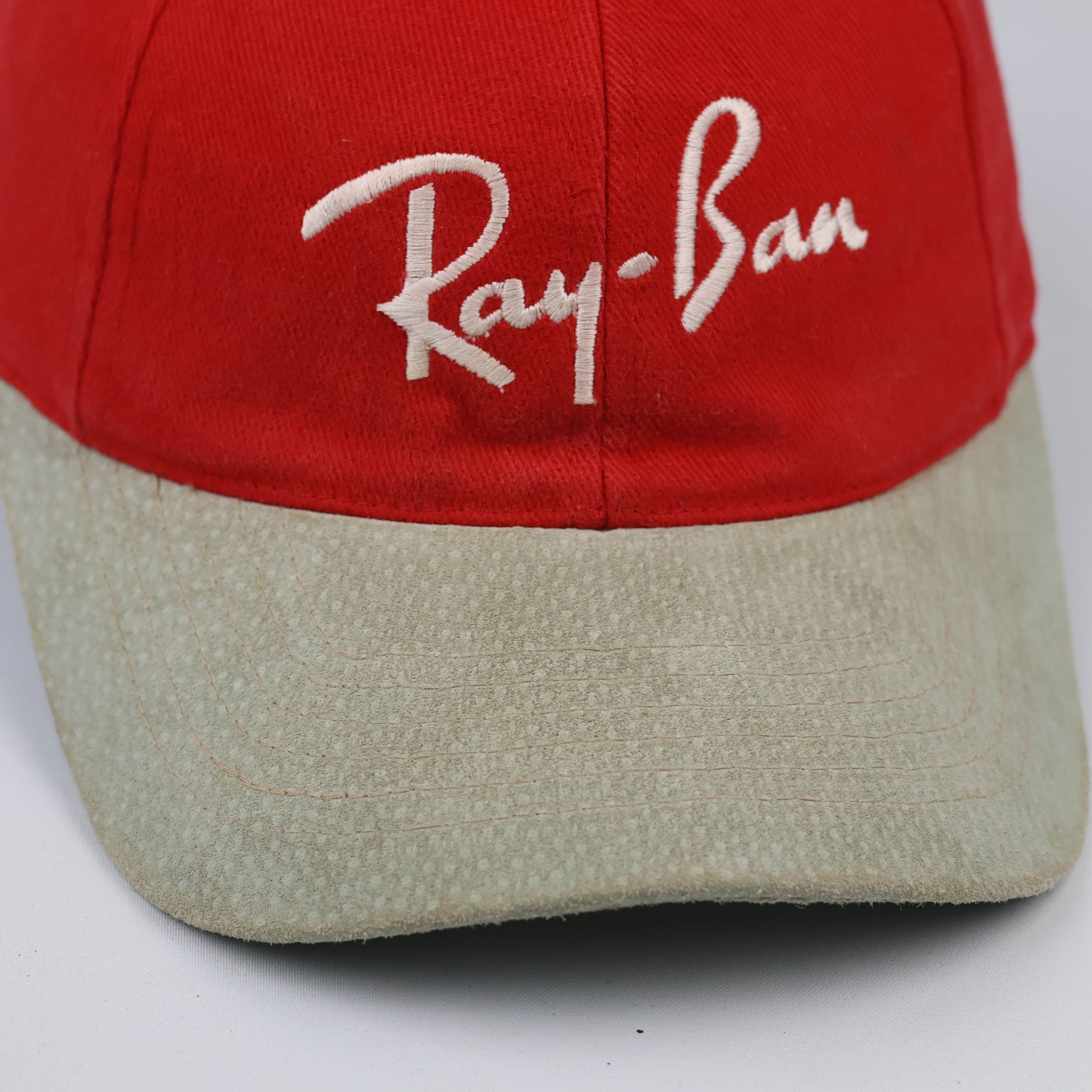 Thrifted Ray-Ban Spellout Logo Red Dad Hat with Suede Brim