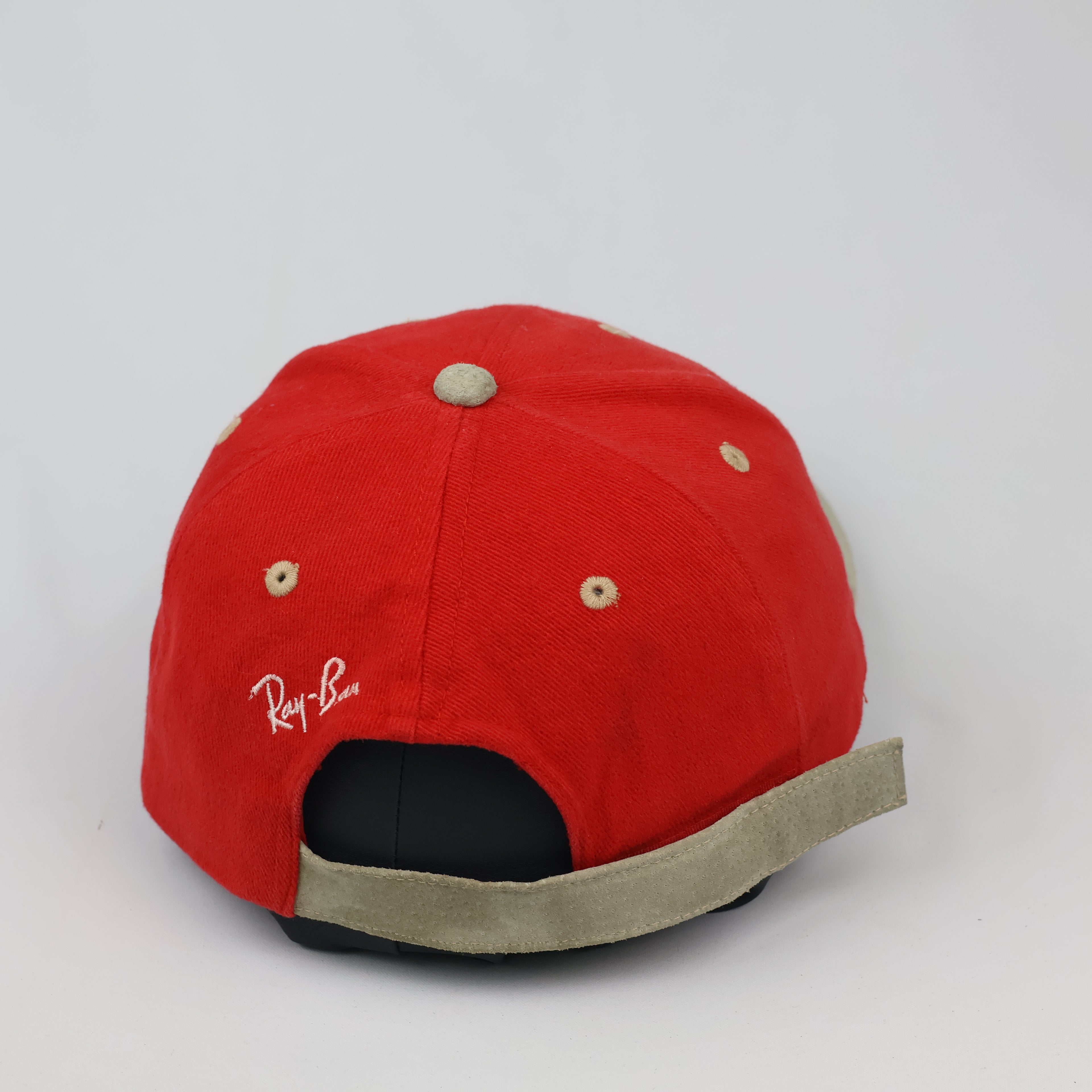 Thrifted Ray-Ban Spellout Logo Red Dad Hat with Suede Brim