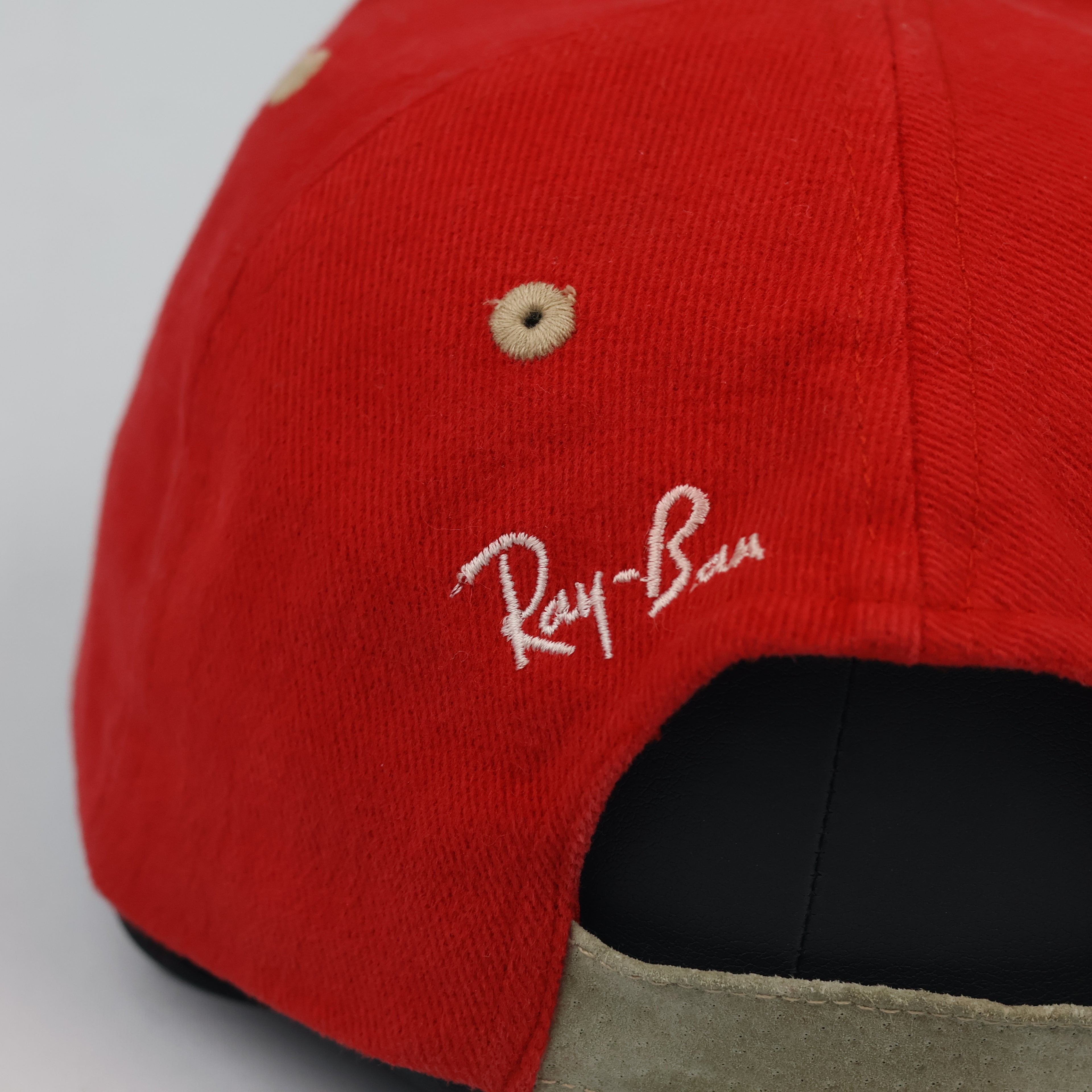 Thrifted Ray-Ban Spellout Logo Red Dad Hat with Suede Brim