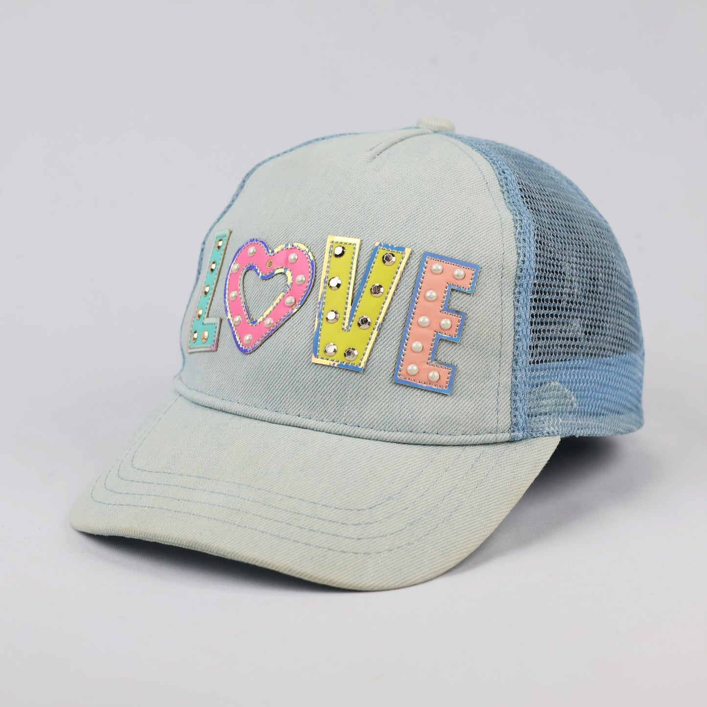 Retro Light Wash Denim "LOVE" Patch Thrifted Cap - Blue Mesh Snapback