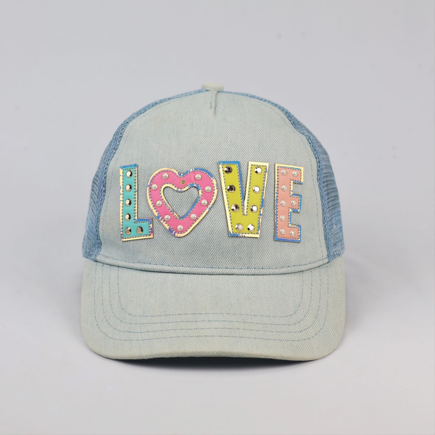 Retro Light Wash Denim "LOVE" Patch Thrifted Cap - Blue Mesh Snapback