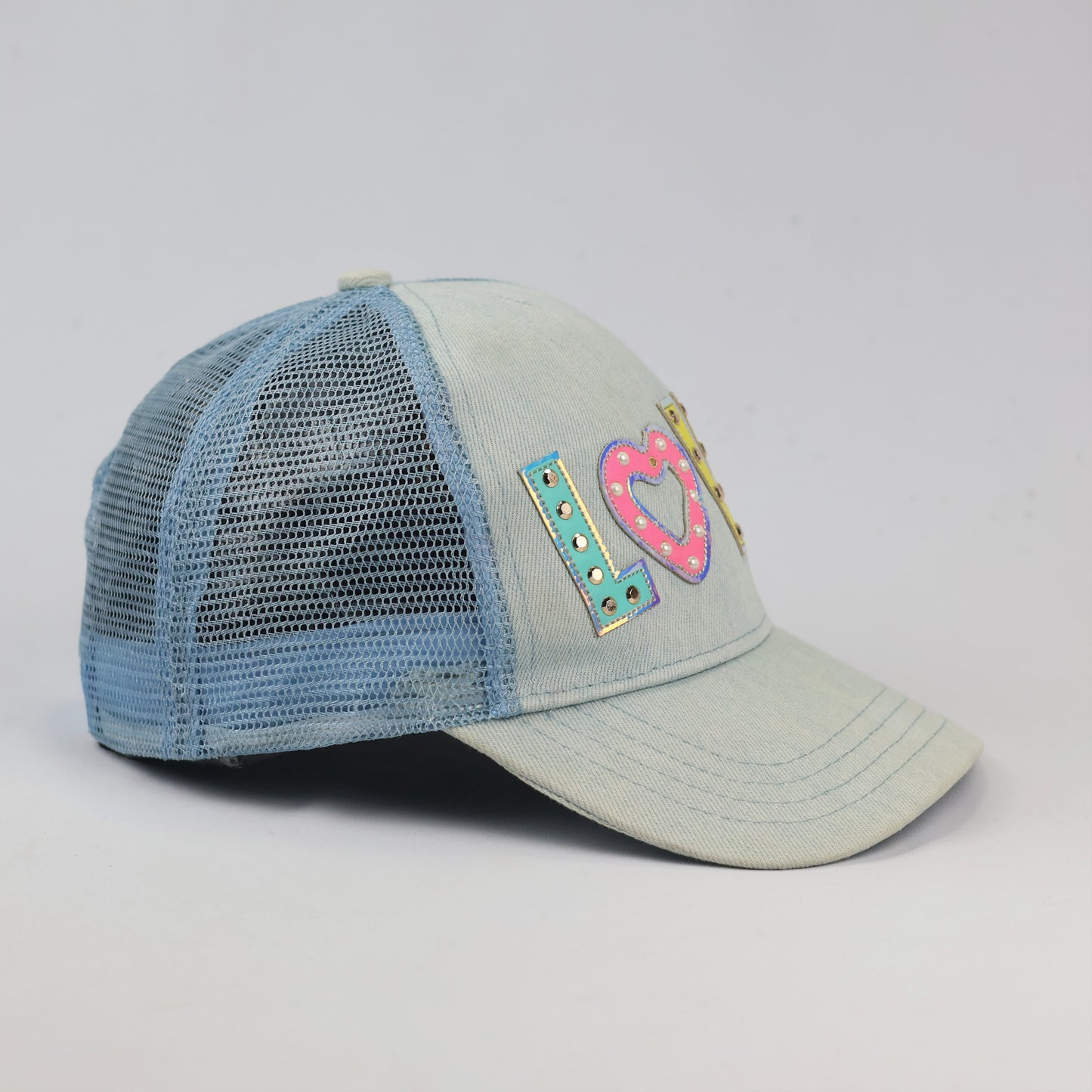 Retro Light Wash Denim "LOVE" Patch Thrifted Cap - Blue Mesh Snapback