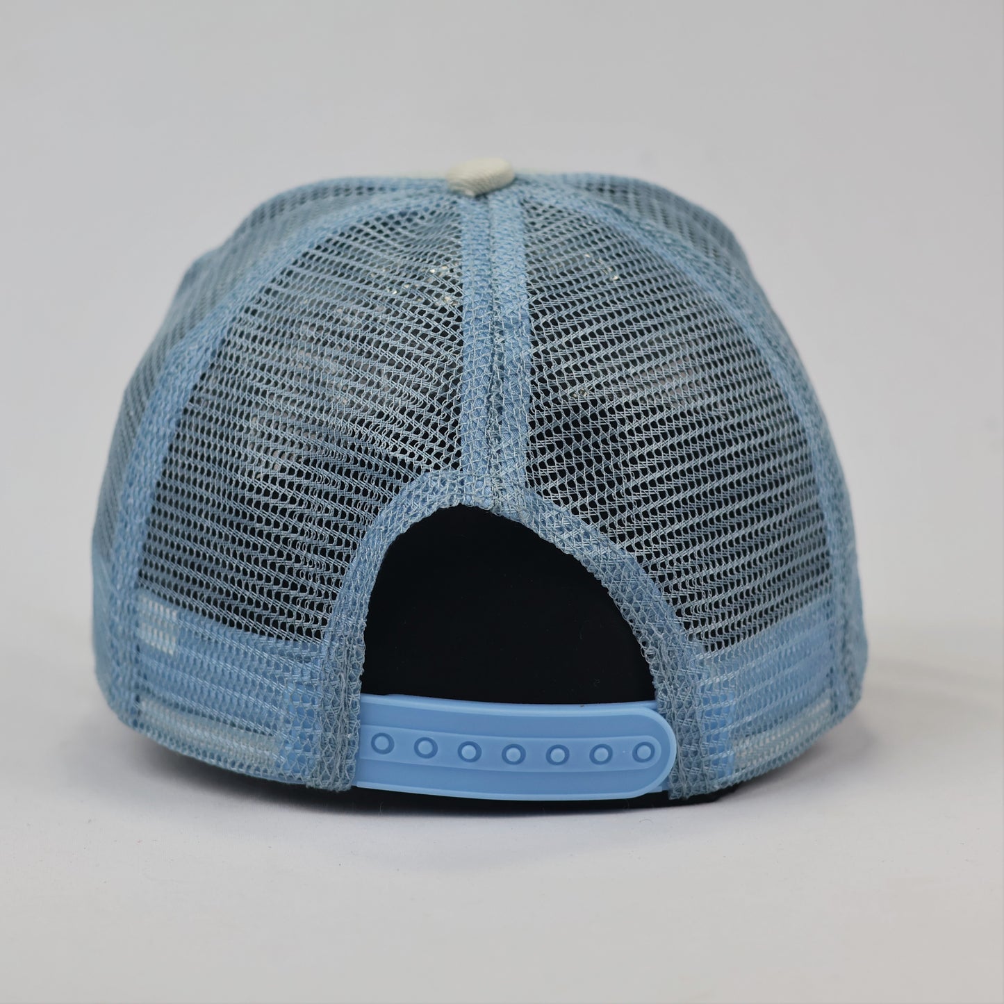 Retro Light Wash Denim "LOVE" Patch Thrifted Cap - Blue Mesh Snapback