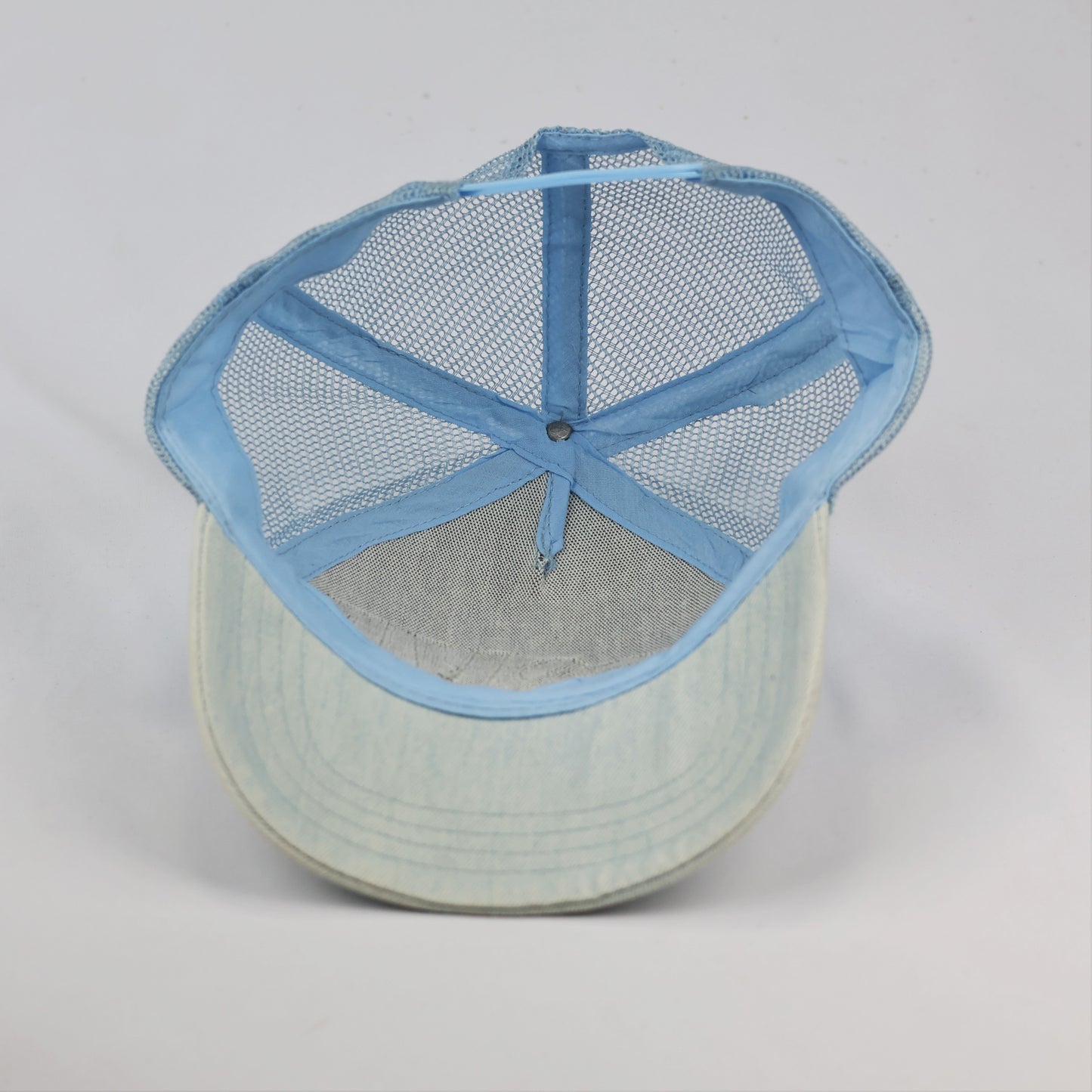 Retro Light Wash Denim "LOVE" Patch Thrifted Cap - Blue Mesh Snapback