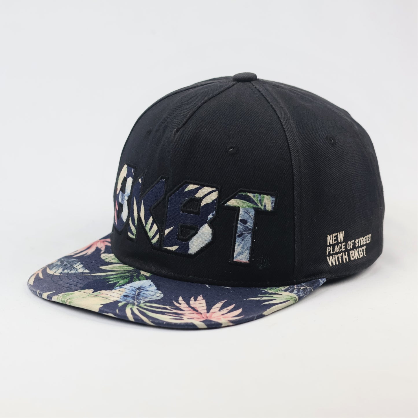 BKBT Embroidered Thrifted Snapback - Black & Tropical Print Flat Brim