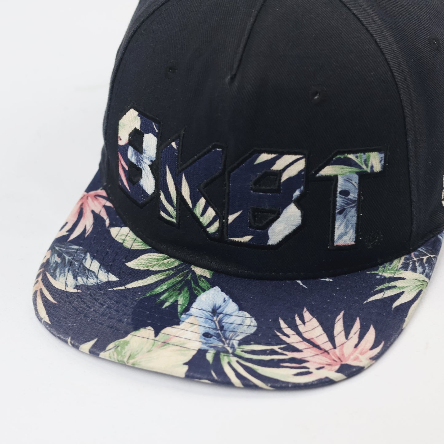 BKBT Embroidered Thrifted Snapback - Black & Tropical Print Flat Brim