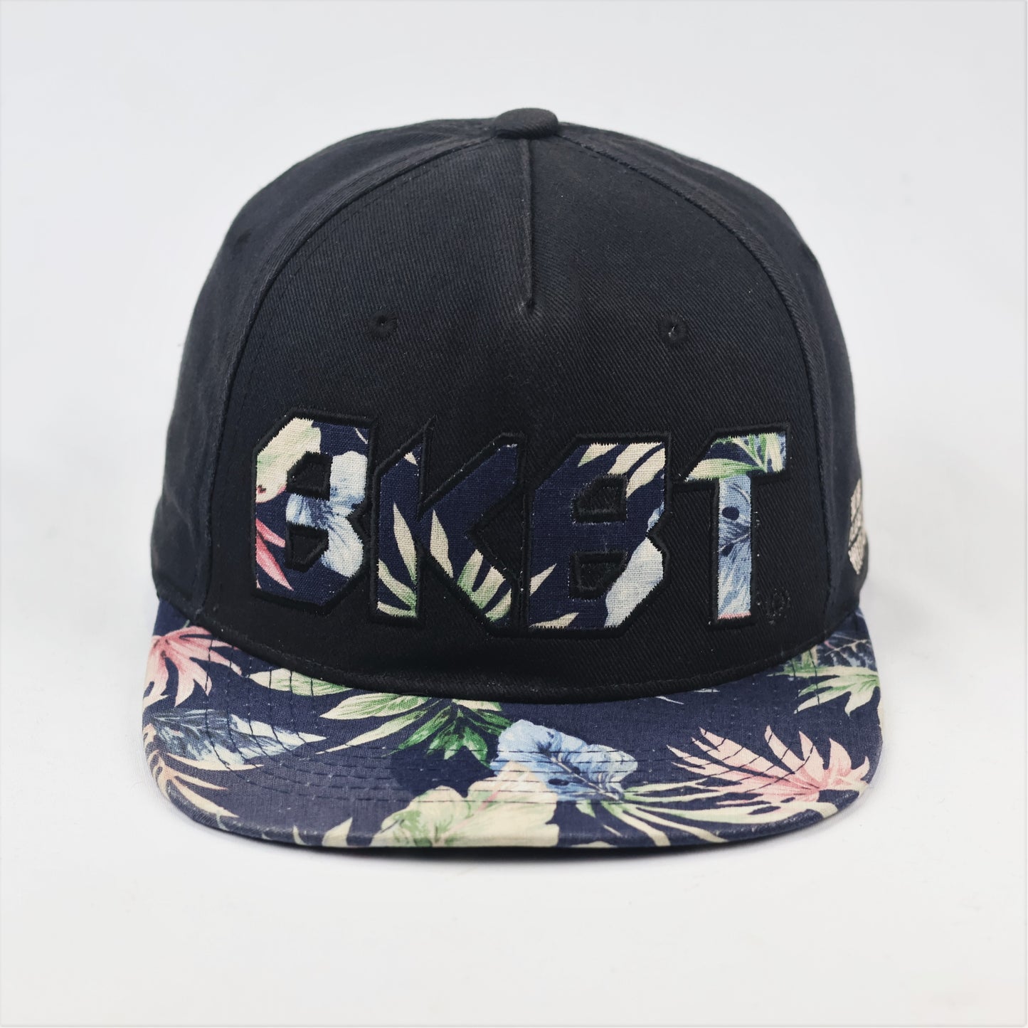 BKBT Embroidered Thrifted Snapback - Black & Tropical Print Flat Brim