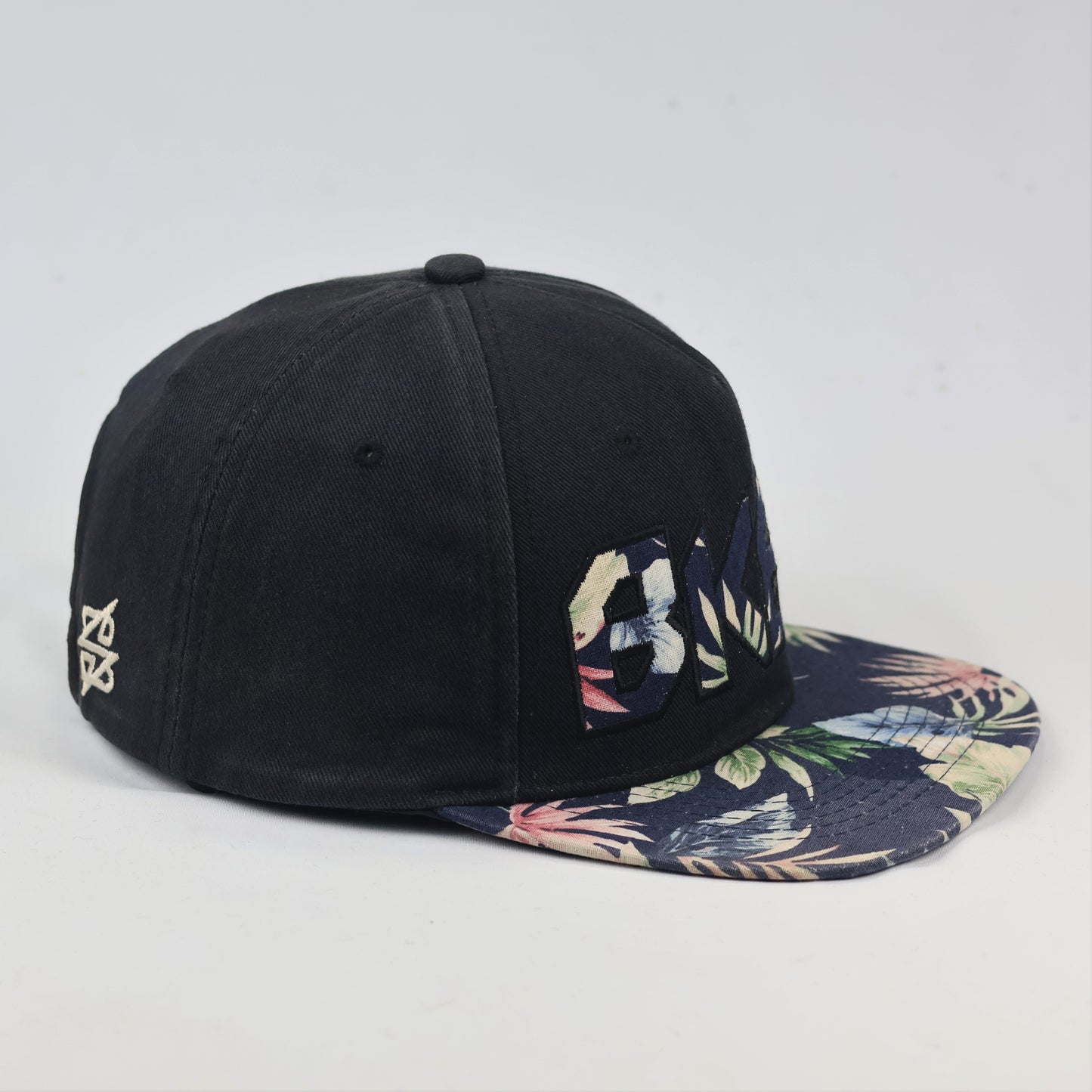 BKBT Embroidered Thrifted Snapback - Black & Tropical Print Flat Brim