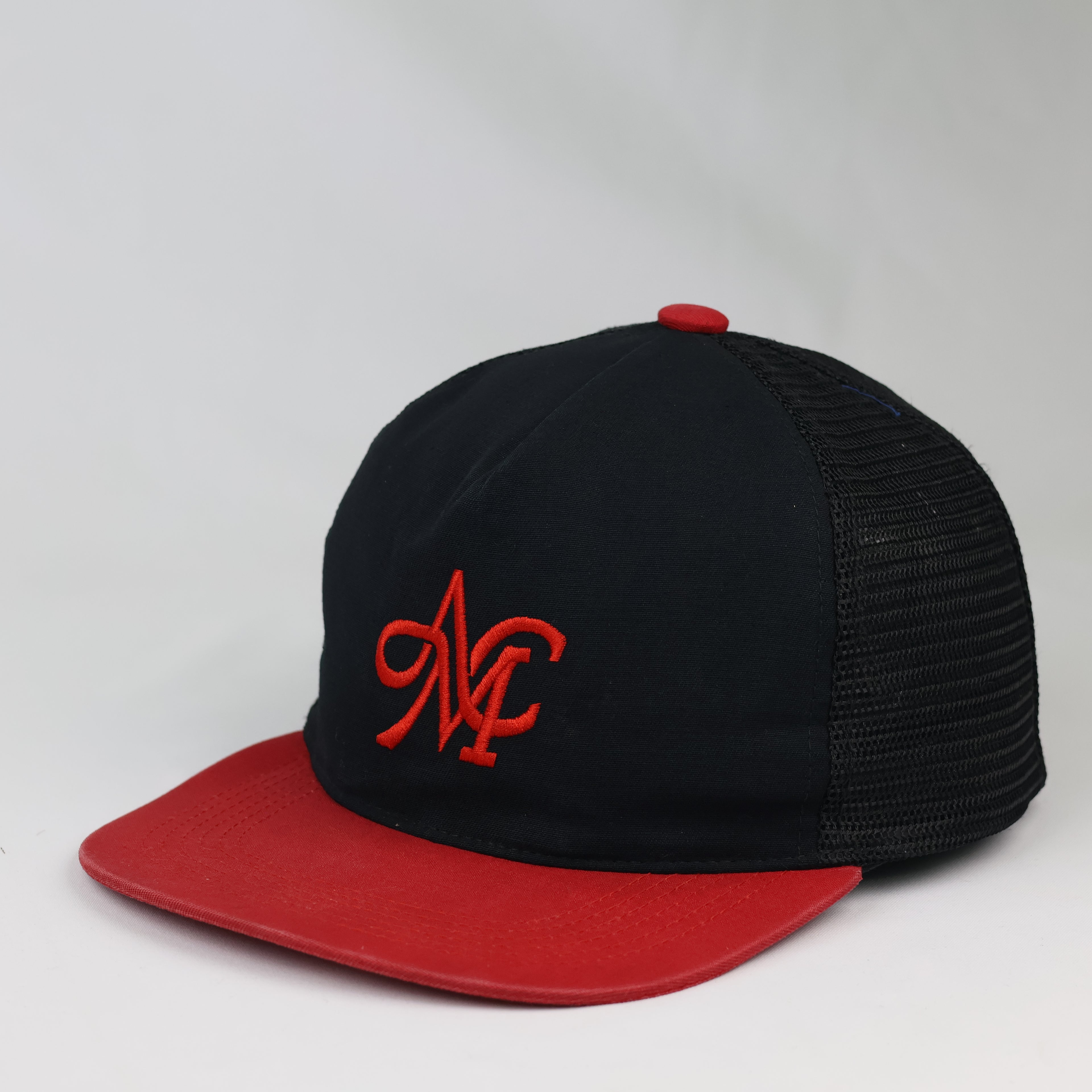 Mania & Co. Embroidered Snapback Trucker Hat - Black/Red Mesh Cap