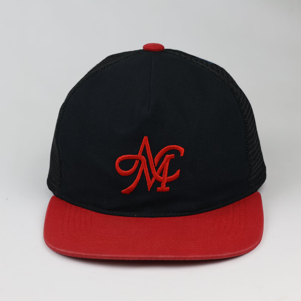 Mania & Co. Embroidered Snapback Trucker Hat - Black/Red Mesh Cap