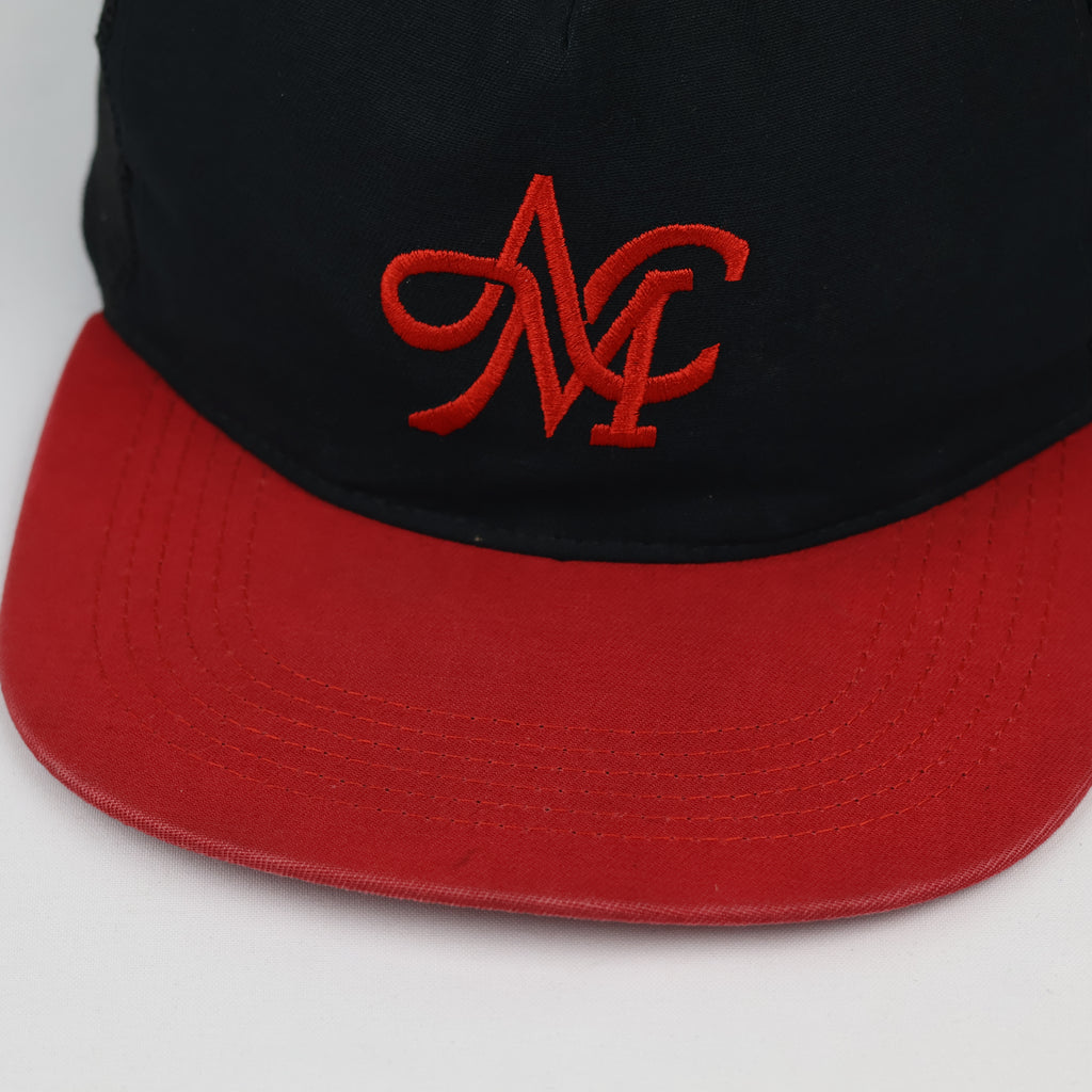 Mania & Co. Embroidered Snapback Trucker Hat - Black/Red Mesh Cap