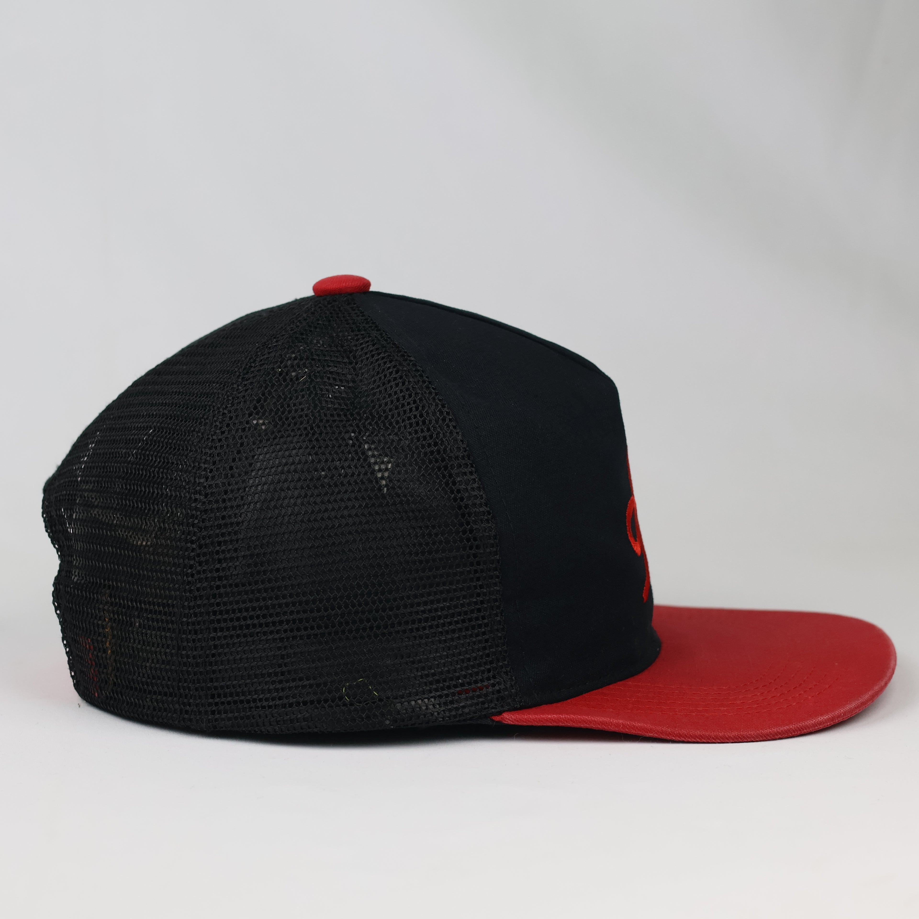 Mania & Co. Embroidered Snapback Trucker Hat - Black/Red Mesh Cap