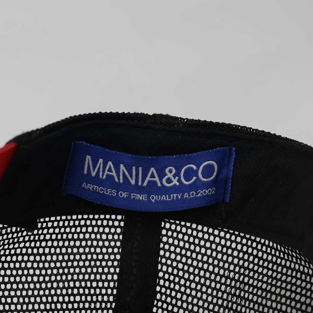 Mania & Co. Embroidered Snapback Trucker Hat - Black/Red Mesh Cap