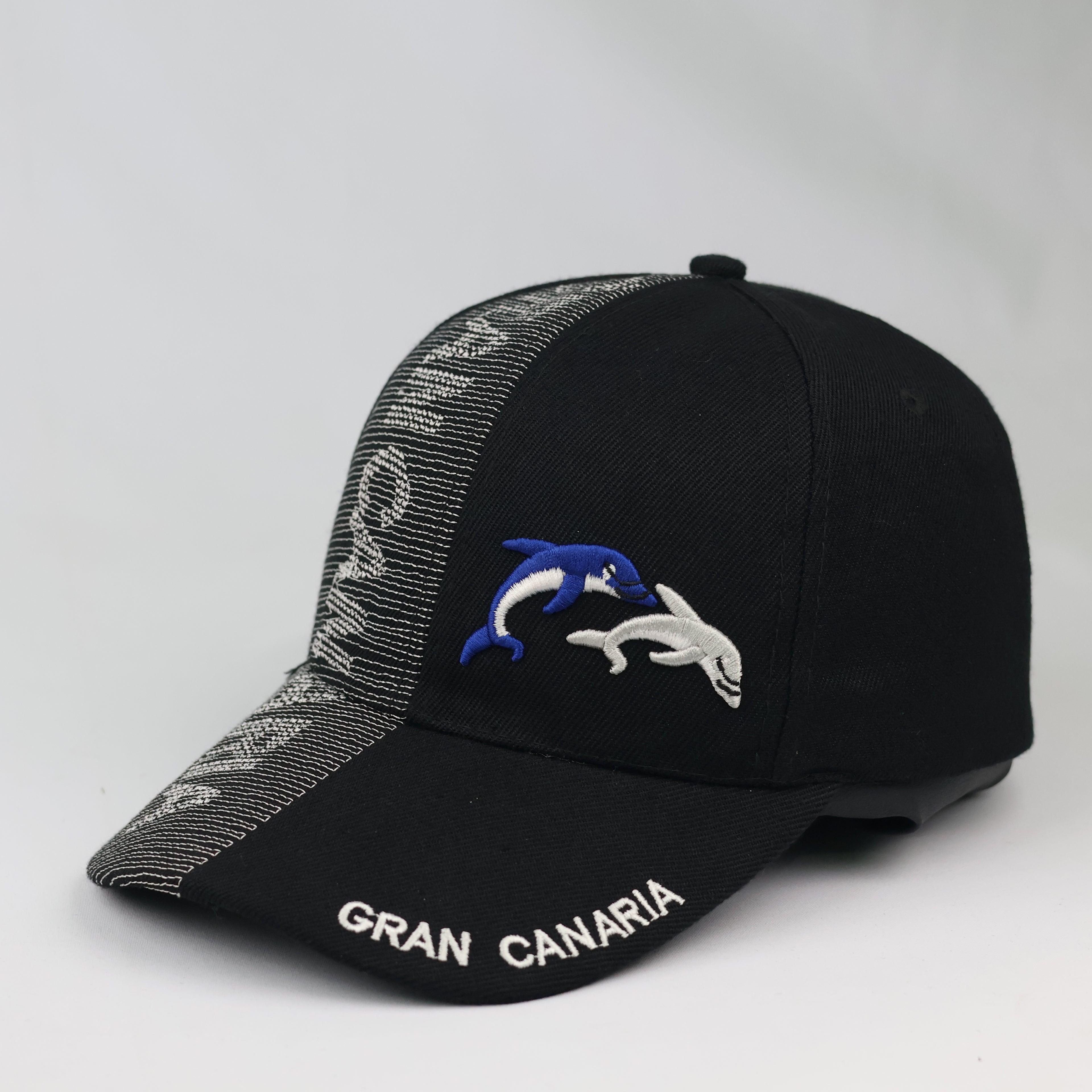 Embroidered Dual Dolphin Baseball Cap - Black Graphic Stitch Hat