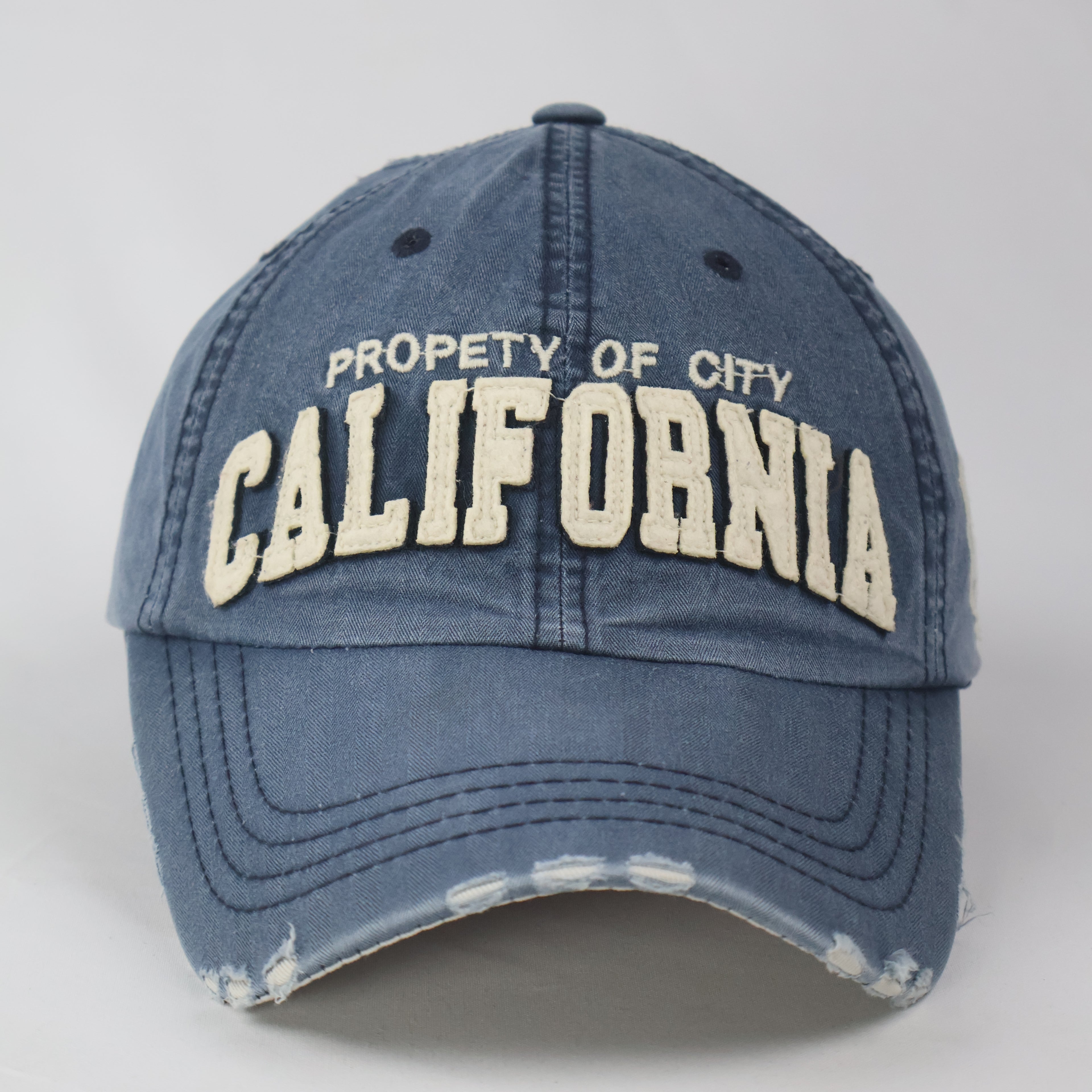 Distressed Navy Blue "California Property of City" Baseball Cap - Vintage Wash Trucker Hat