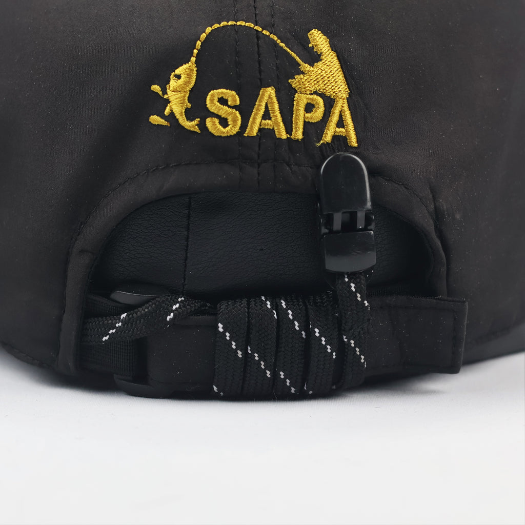 SAPA Outdoor Sport Fishing Thrifted Cap - Black Performance Fabric with Rope Strap