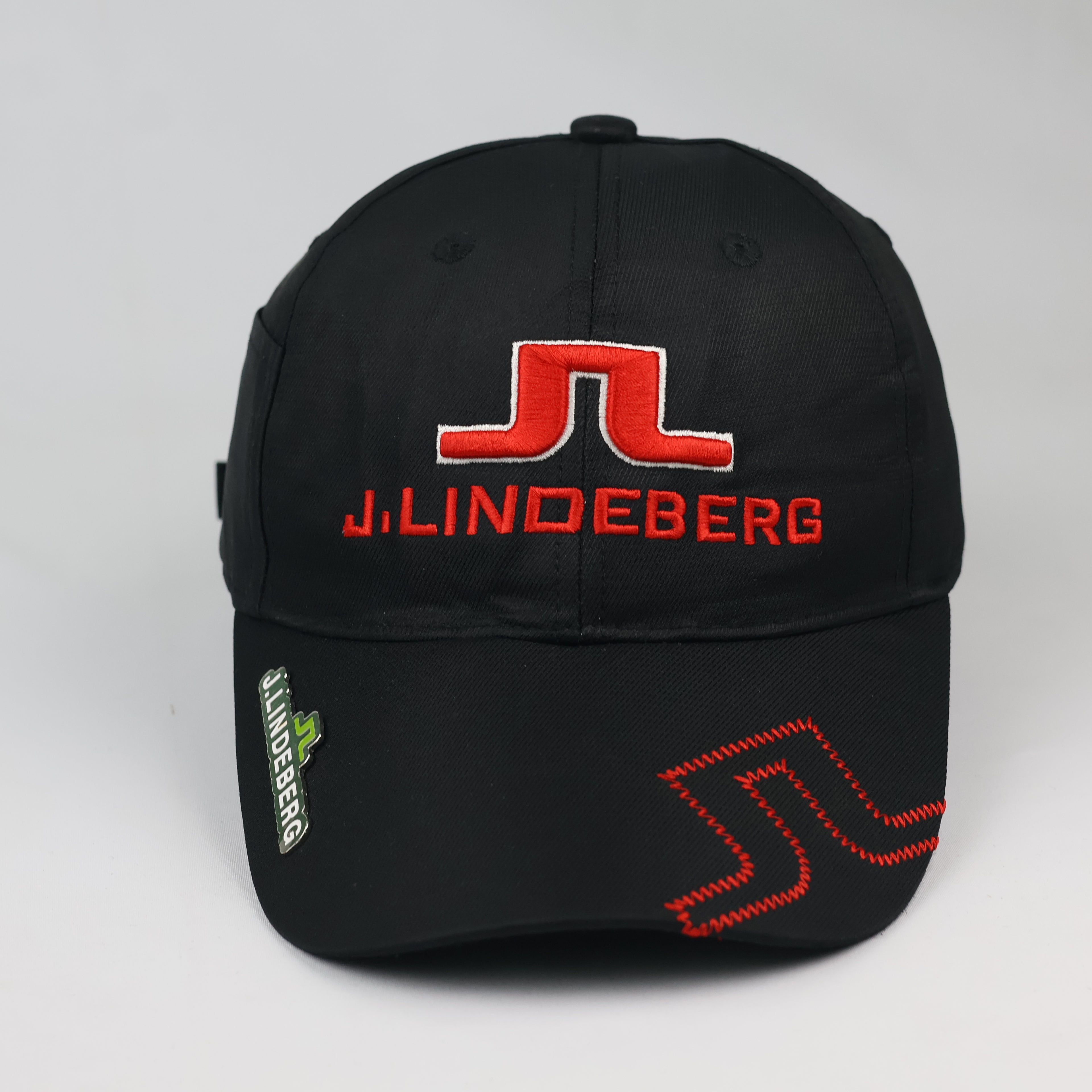 J.Lindeberg Embroidered Logo Golf Hat - Black Cap with Red Thrifted Cap