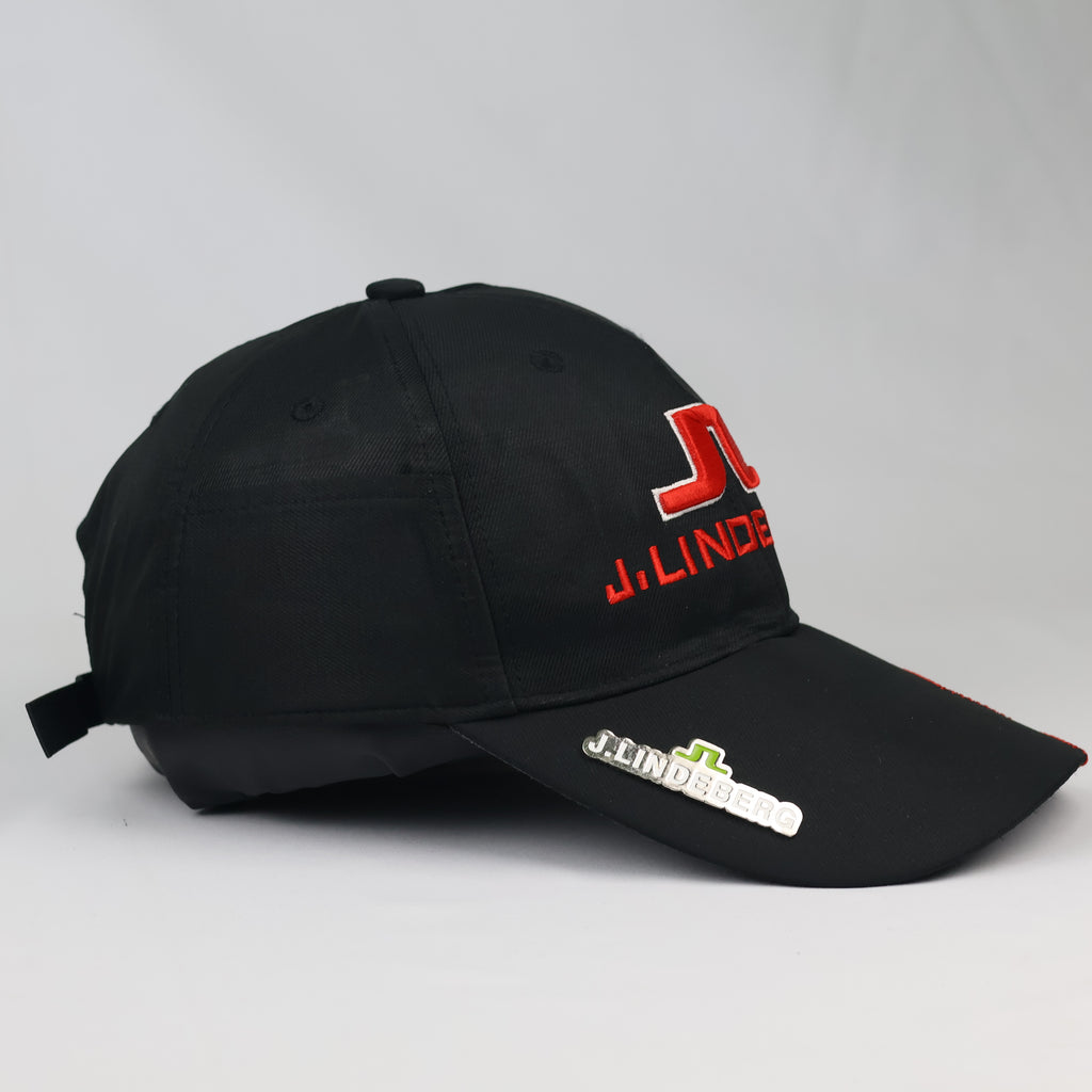 J.Lindeberg Embroidered Logo Golf Hat - Black Cap with Red Thrifted Cap