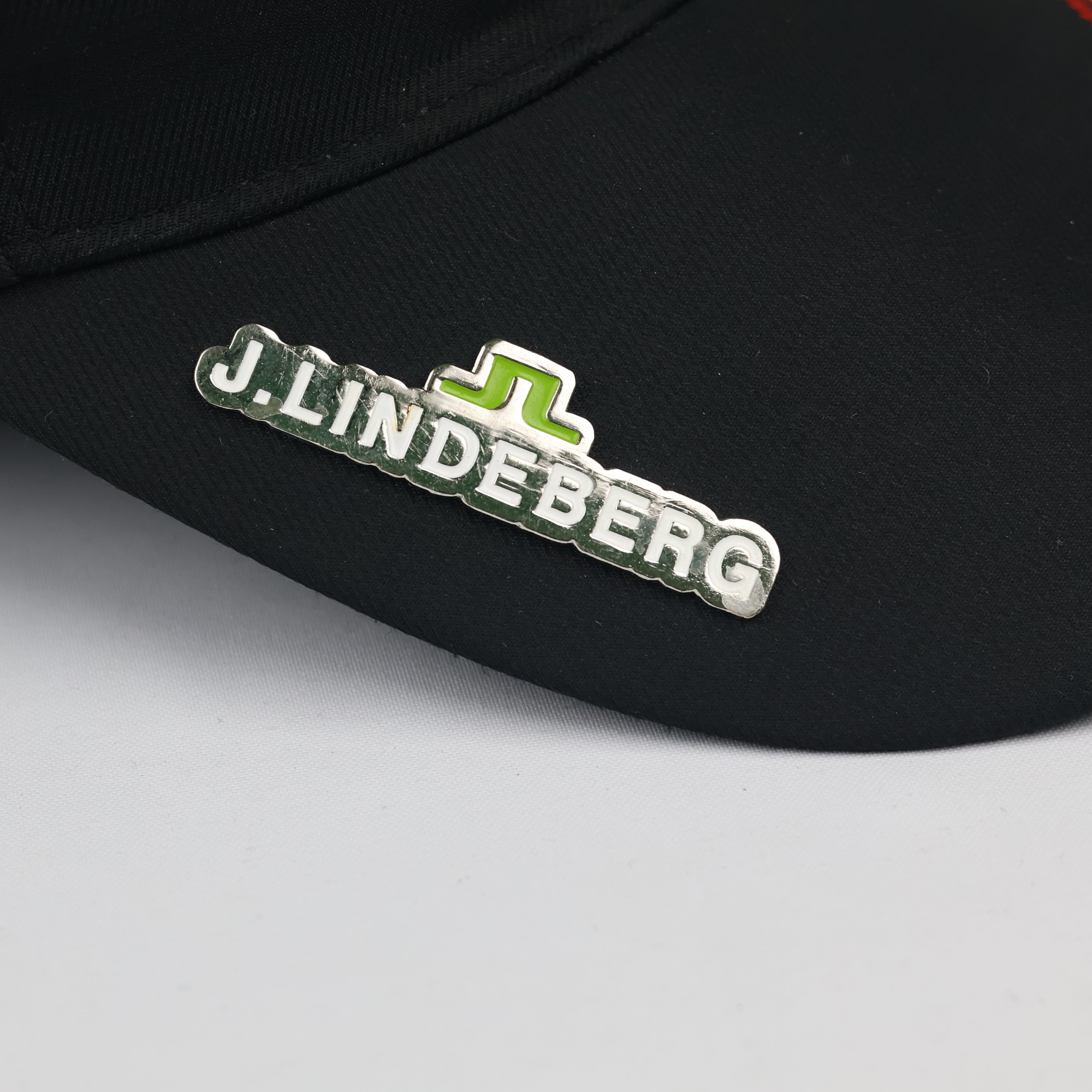 J.Lindeberg Embroidered Logo Golf Hat - Black Cap with Red Thrifted Cap