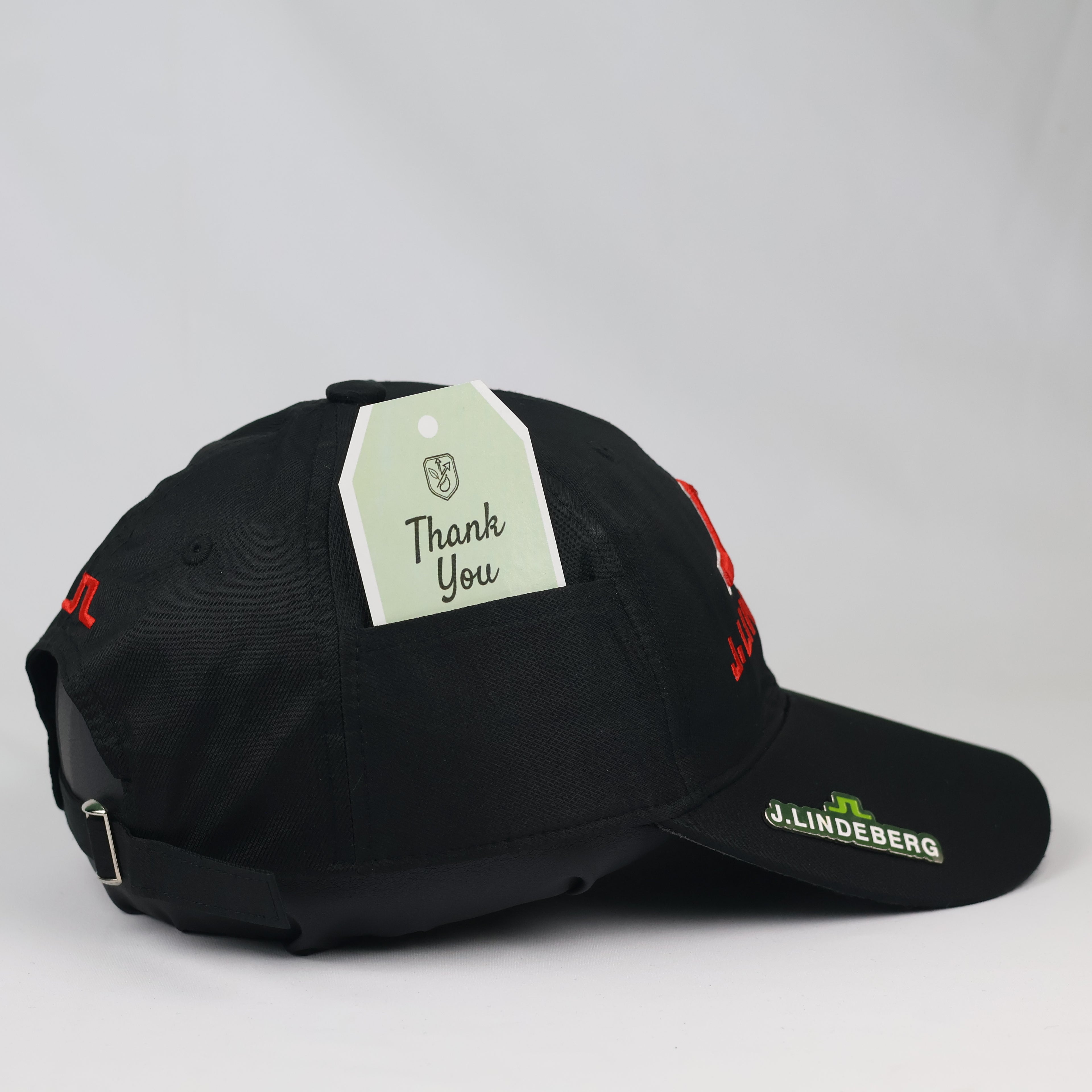 J.Lindeberg Embroidered Logo Golf Hat - Black Cap with Red Thrifted Cap