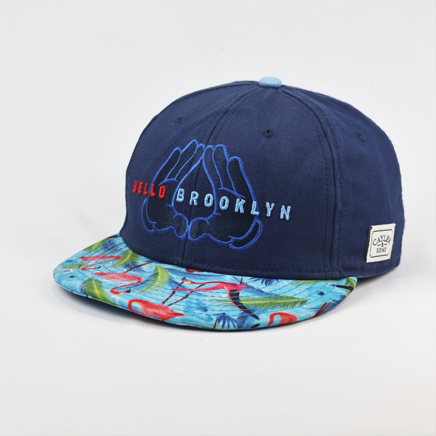 Cayler & Sons "Hello Brooklyn" Thrifted Snapback – Navy with Flamingo Print Brim