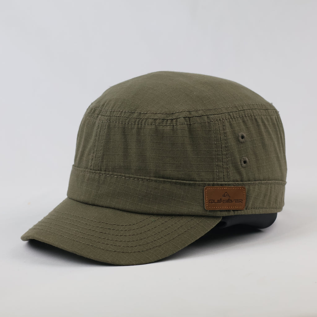 Quiksilver Olive Green Army Style Cap - Leather Logo Patch Military Hat