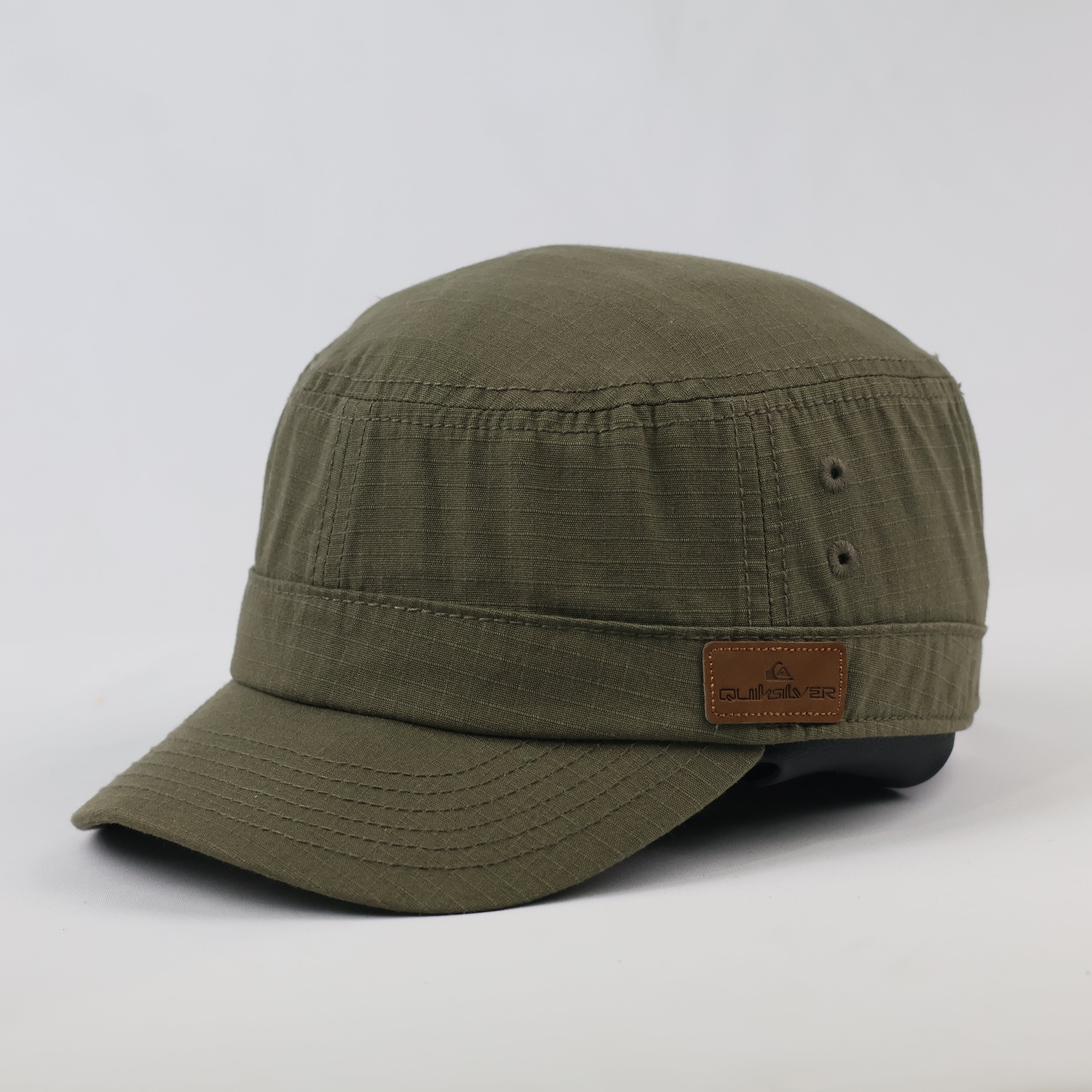 Quiksilver Olive Green Army Style Cap - Leather Logo Patch Military Hat