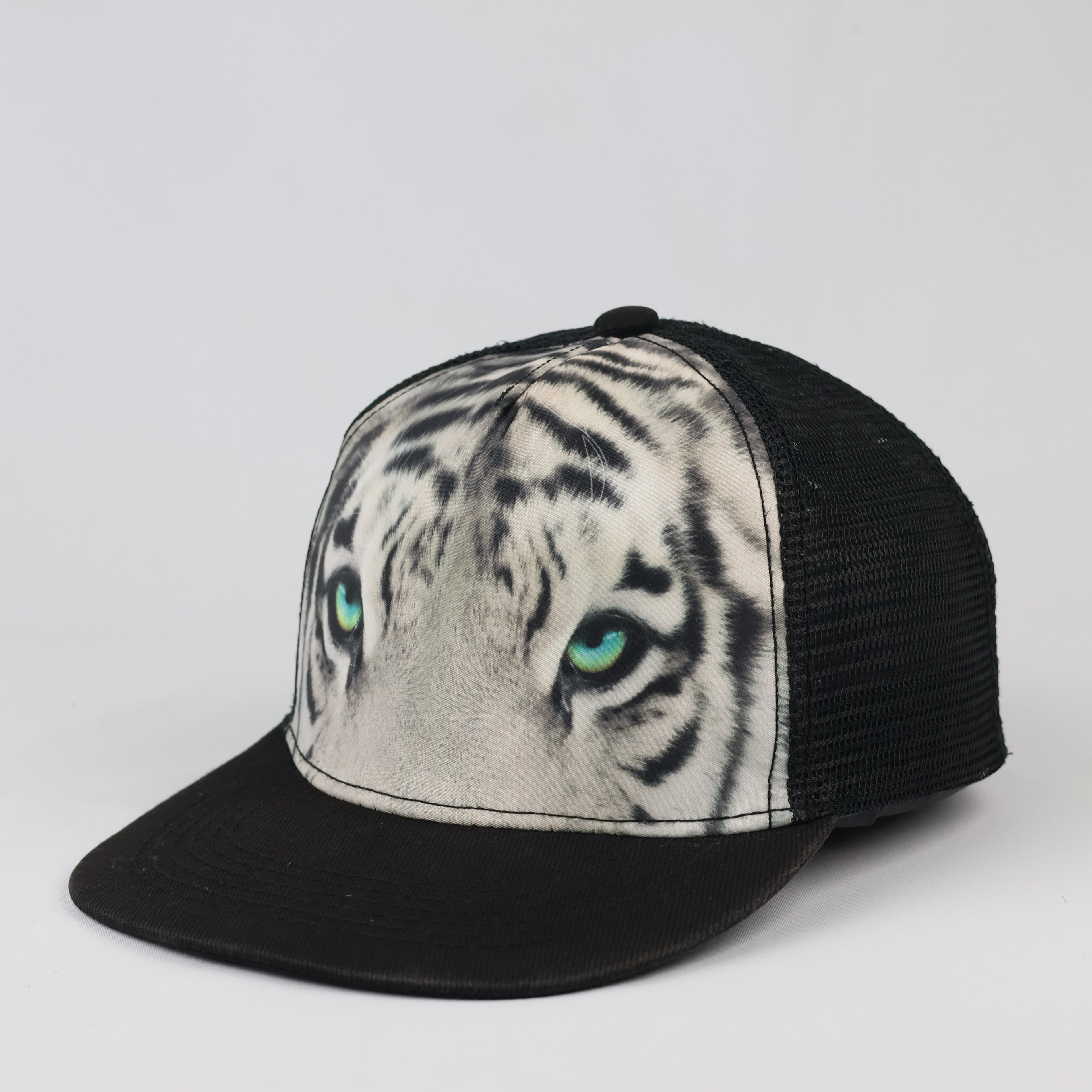 Vintage Page One White Tiger Print Trucker Cap - Black Mesh Snapback