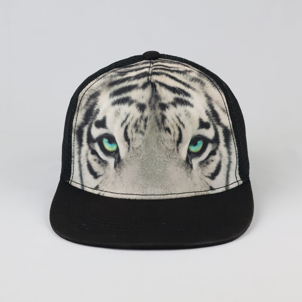 Vintage Page One White Tiger Print Trucker Cap - Black Mesh Snapback