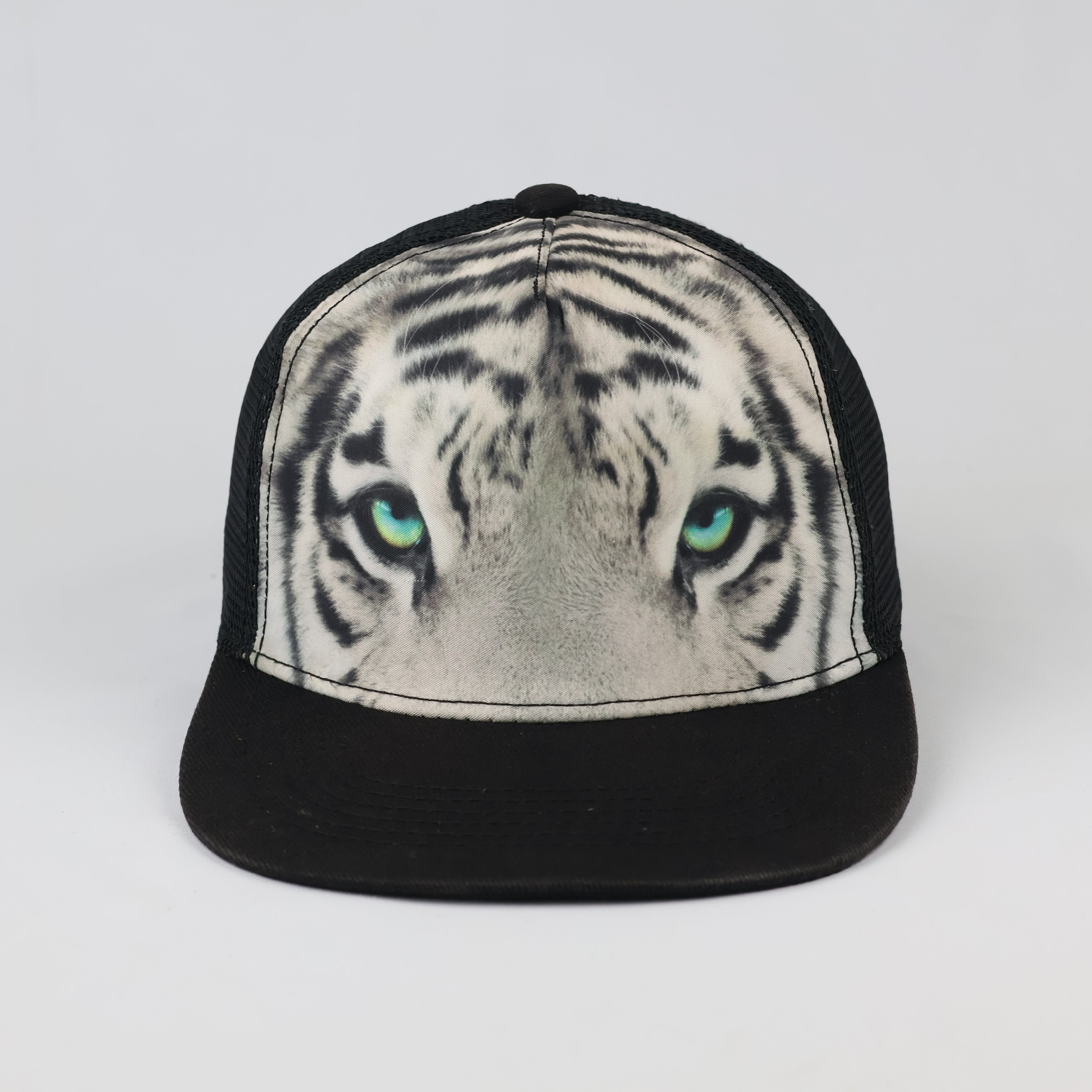 Vintage Page One White Tiger Print Trucker Cap - Black Mesh Snapback