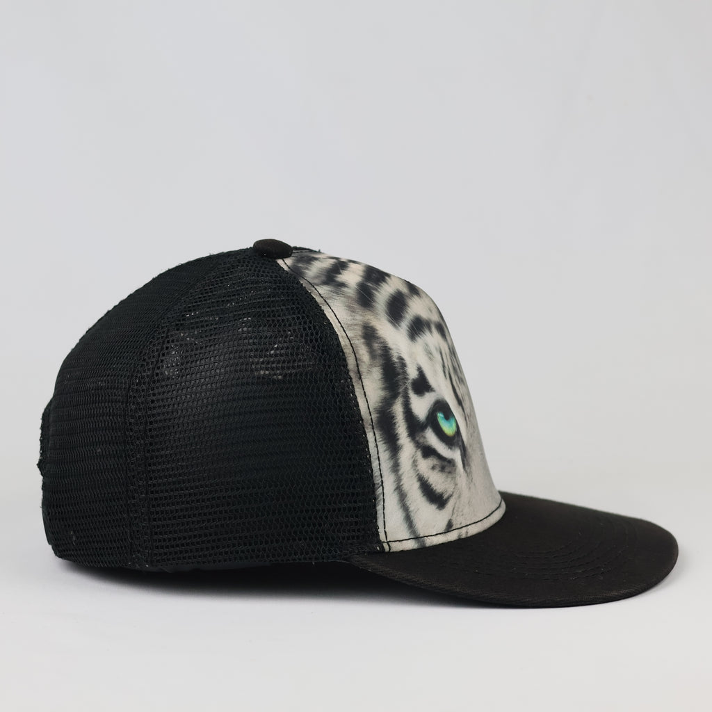 Vintage Page One White Tiger Print Trucker Cap - Black Mesh Snapback