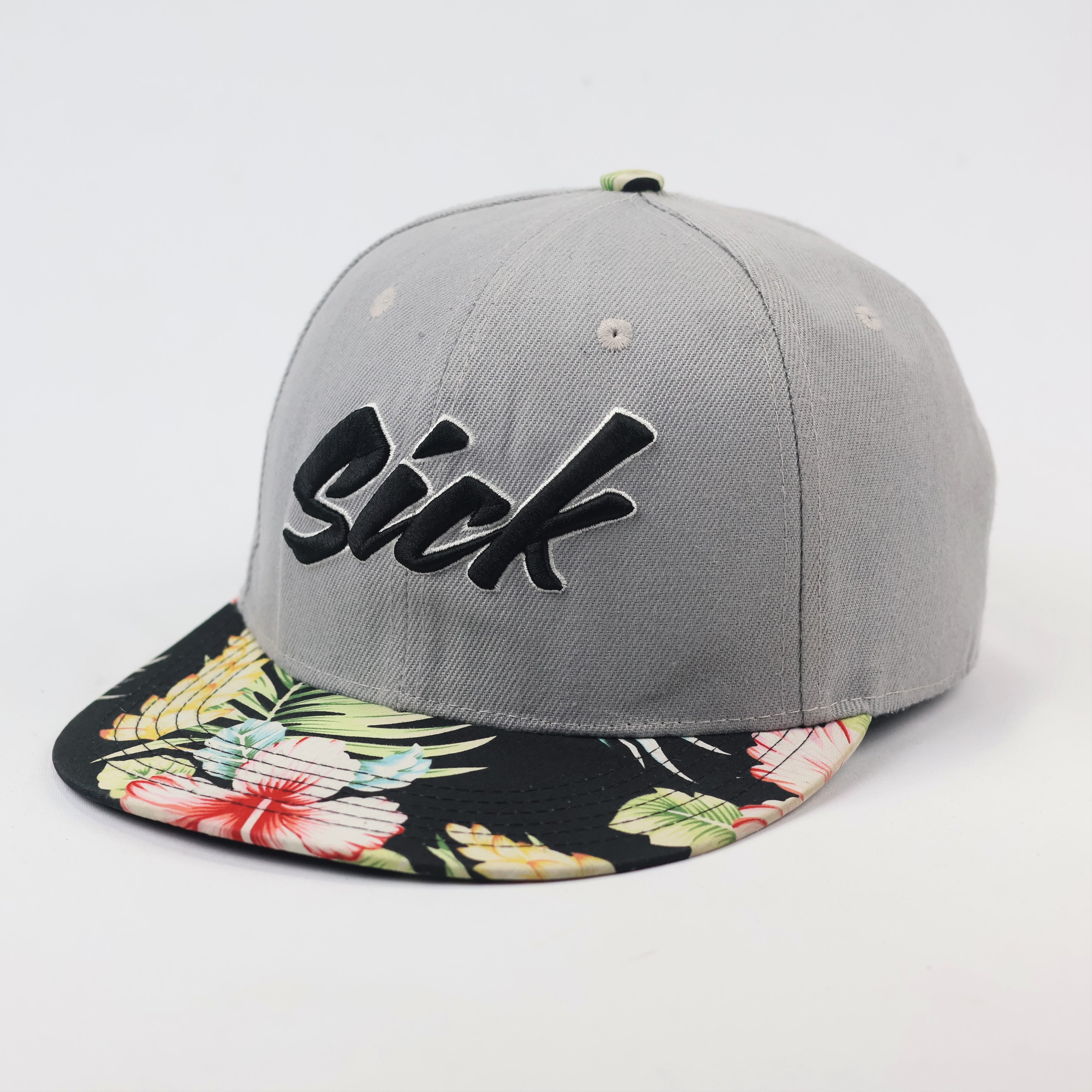 Streetwear Grey Floral Thrifted Snapback Cap - Unisex "Sick" Embroidery