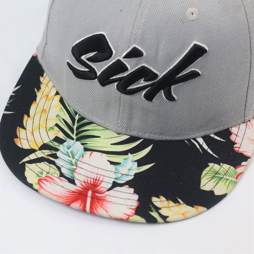 Streetwear Grey Floral Thrifted Snapback Cap - Unisex "Sick" Embroidery