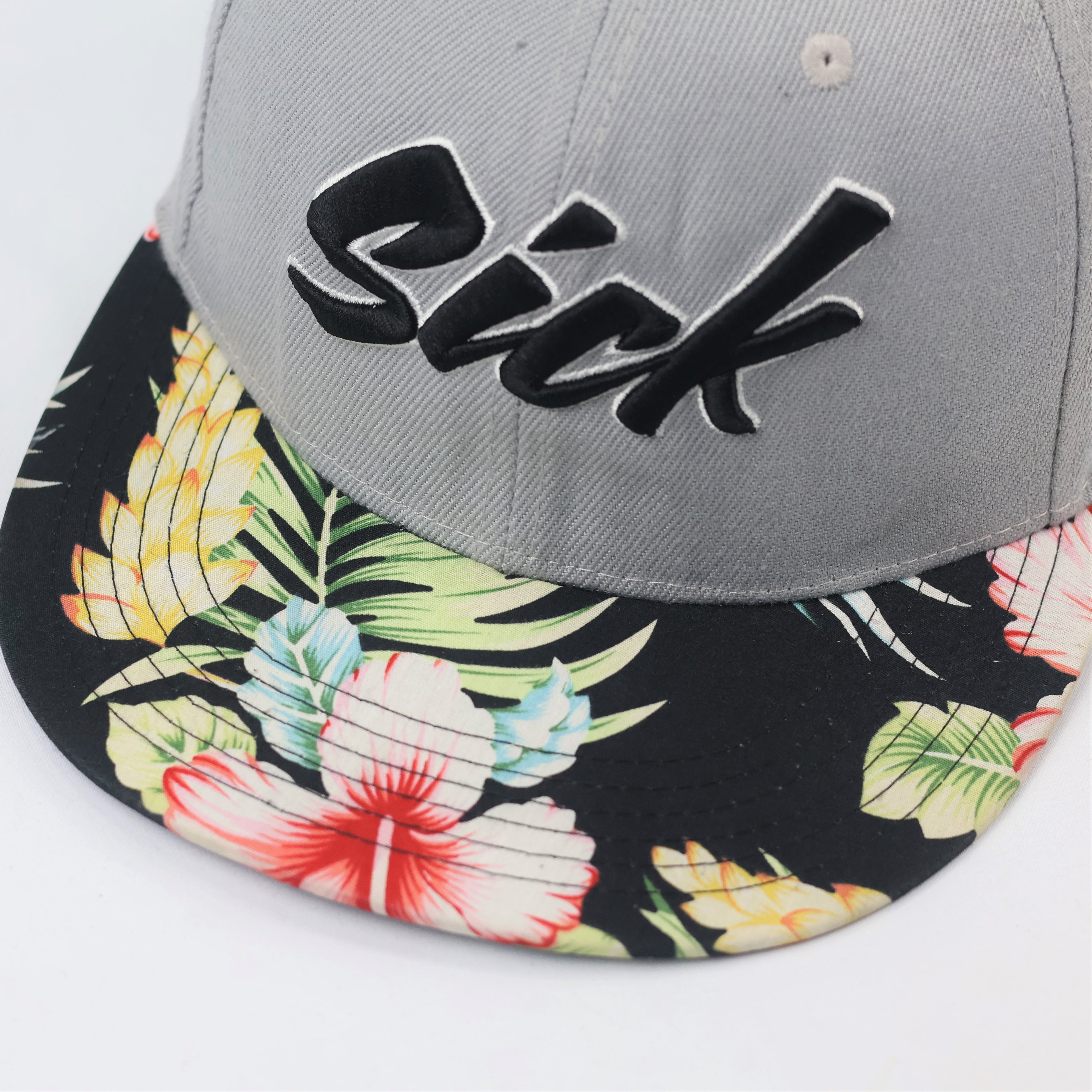 Streetwear Grey Floral Thrifted Snapback Cap - Unisex "Sick" Embroidery