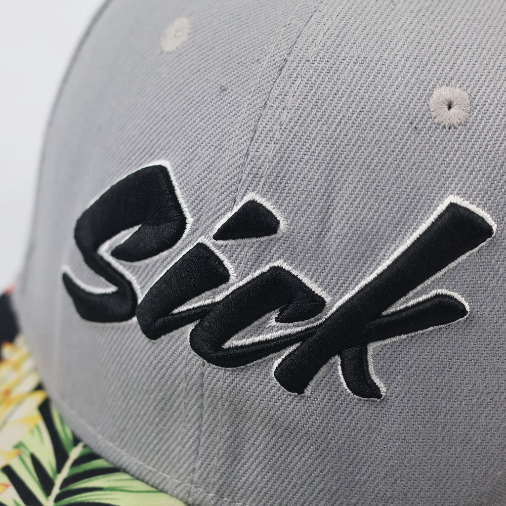 Streetwear Grey Floral Thrifted Snapback Cap - Unisex "Sick" Embroidery