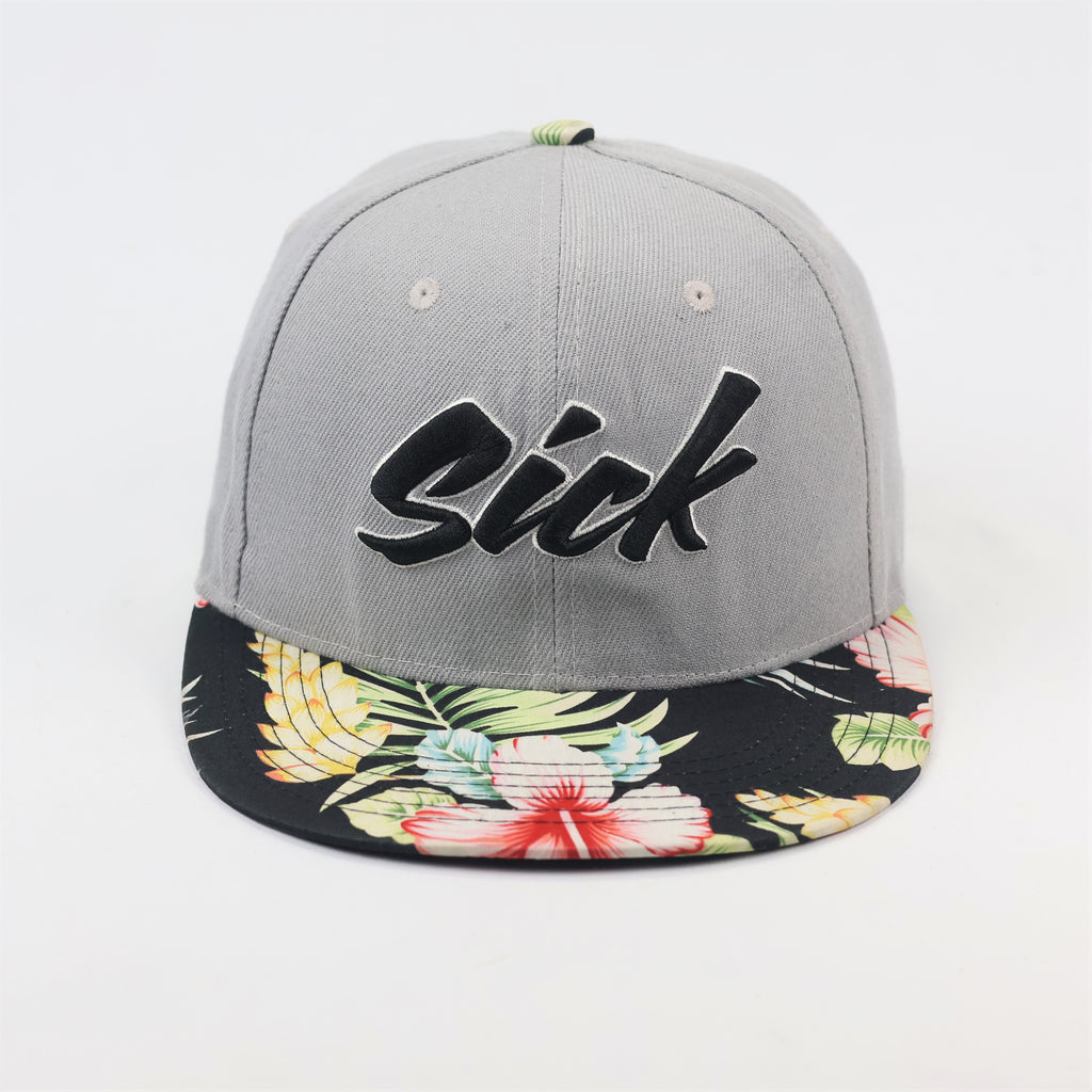 Streetwear Grey Floral Thrifted Snapback Cap - Unisex "Sick" Embroidery