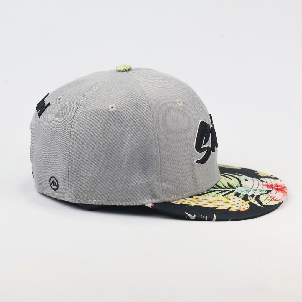 Streetwear Grey Floral Thrifted Snapback Cap - Unisex "Sick" Embroidery