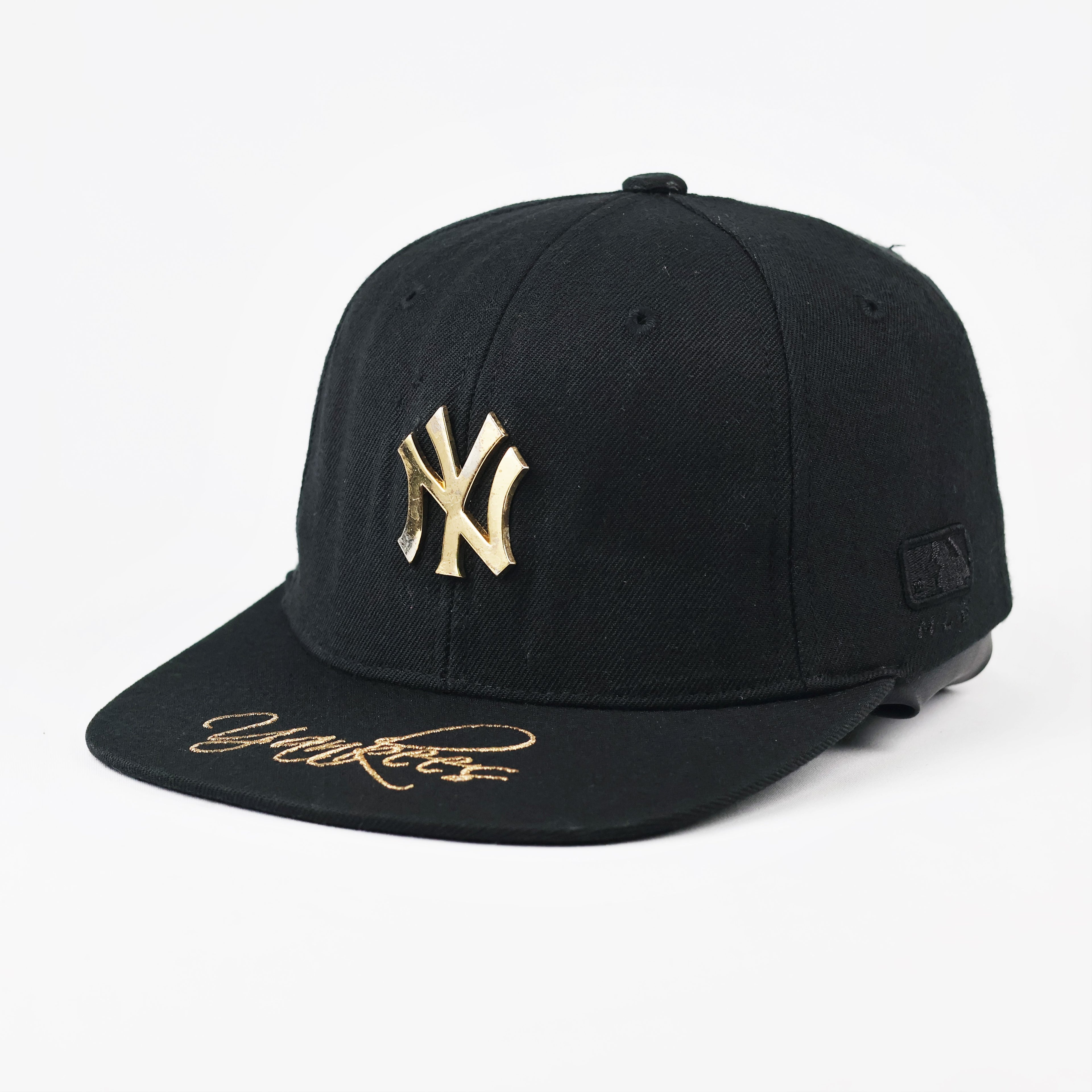 Thrifted NY Yankees Metal Logo Cap | Gold Spellout Snapback