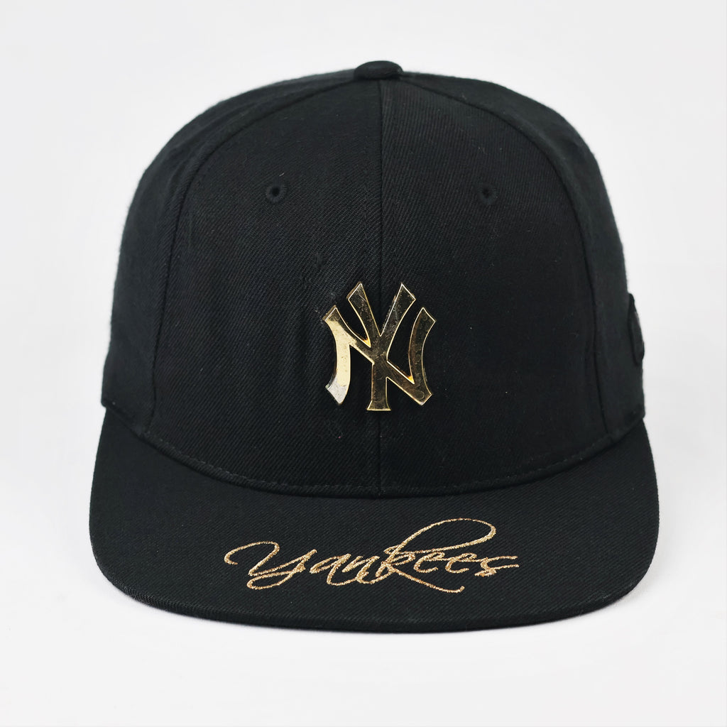Thrifted NY Yankees Metal Logo Cap | Gold Spellout Snapback
