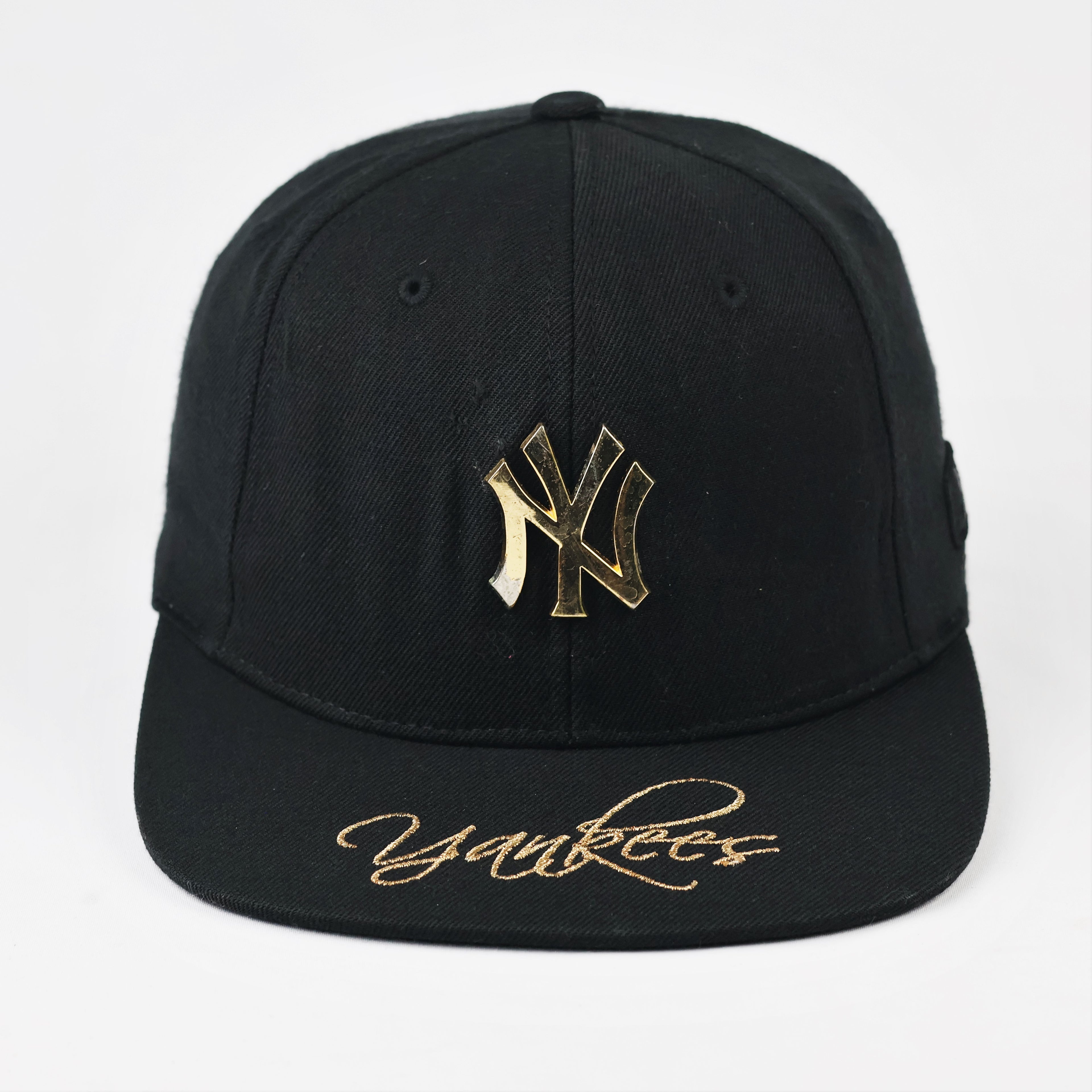 Thrifted NY Yankees Metal Logo Cap | Gold Spellout Snapback