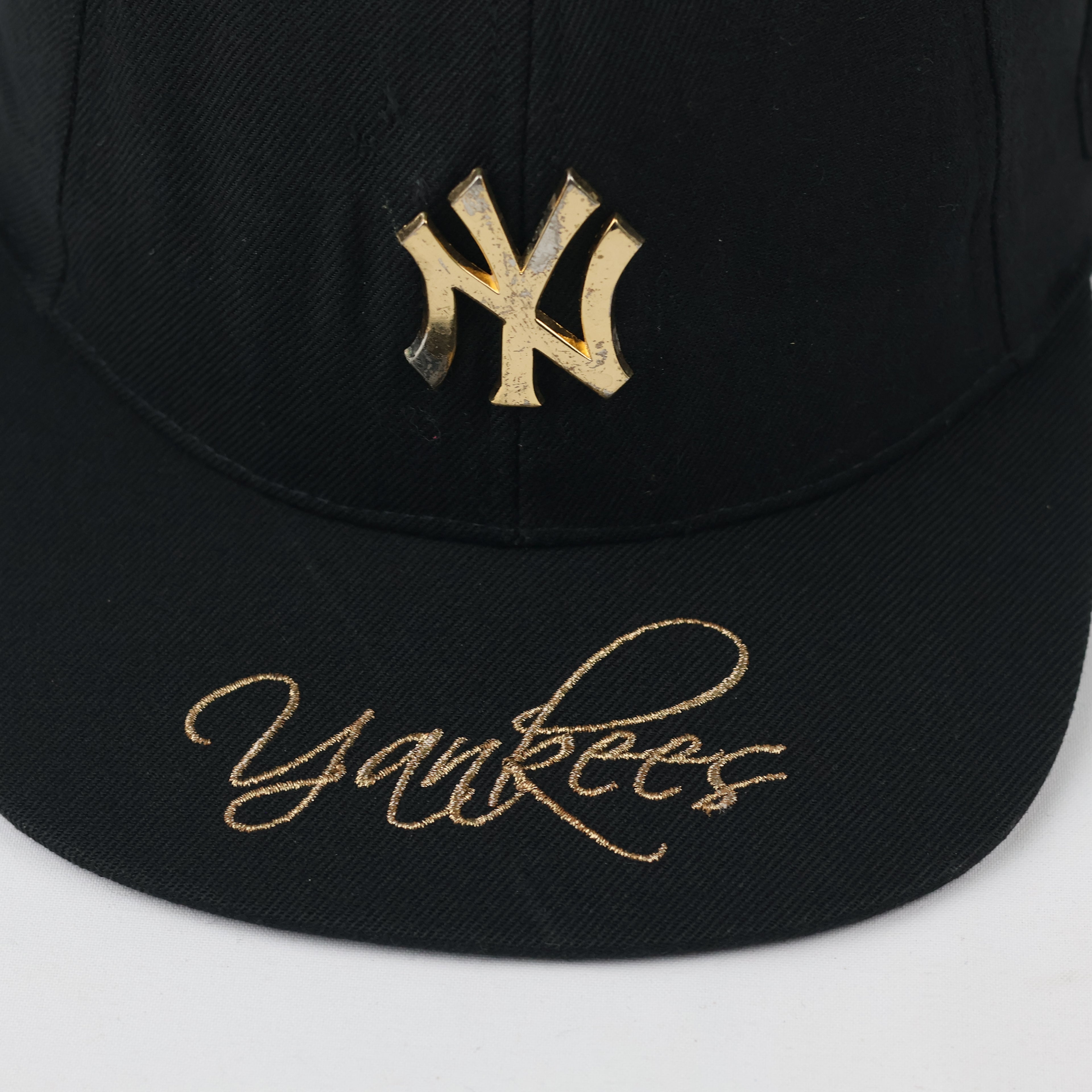 Thrifted NY Yankees Metal Logo Cap | Gold Spellout Snapback