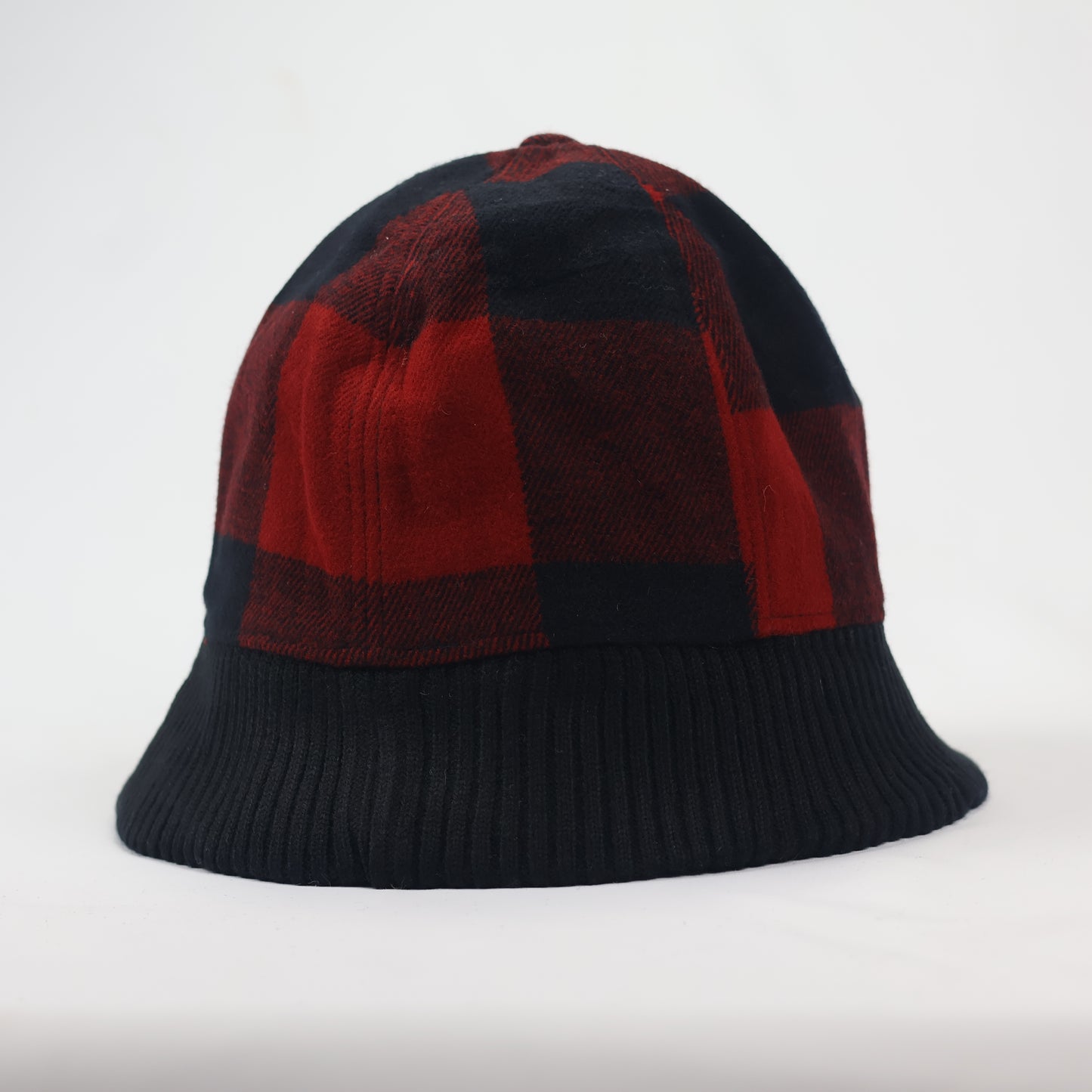 Korean Hybrid Bucket Hat | Red & Black Checkered Flannel with Knit Cuff