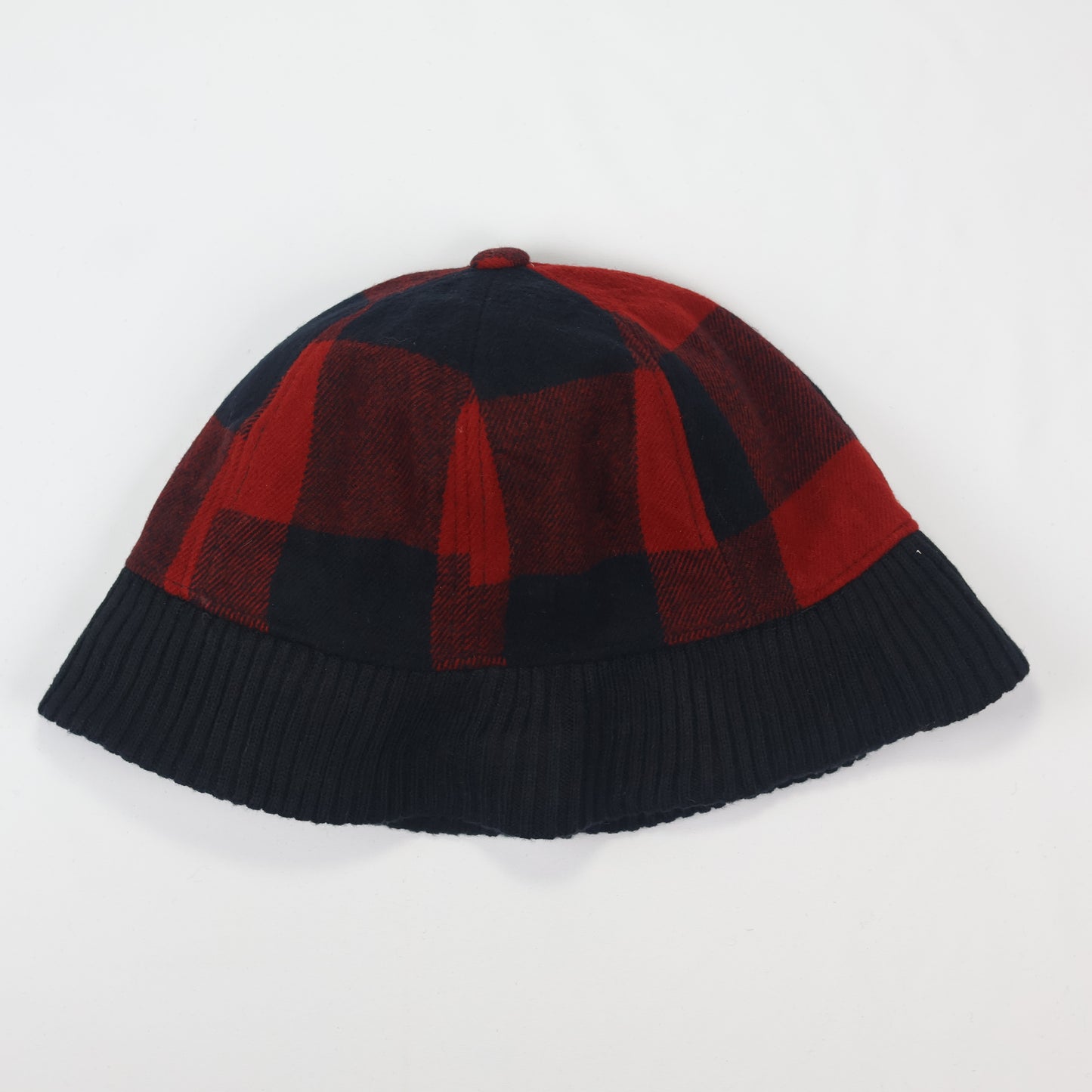 Korean Hybrid Bucket Hat | Red & Black Checkered Flannel with Knit Cuff